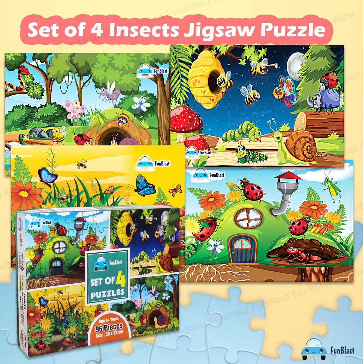 FunBlast Kids Jigsaw Puzzles - 4 Pack Educational Floor Puzzles (30x22cm) with Insects Theme, 96 Pieces Total - Learning Toys for Toddlers & Children | Perfect for Classroom, Birthday Gifts & Family Game Night