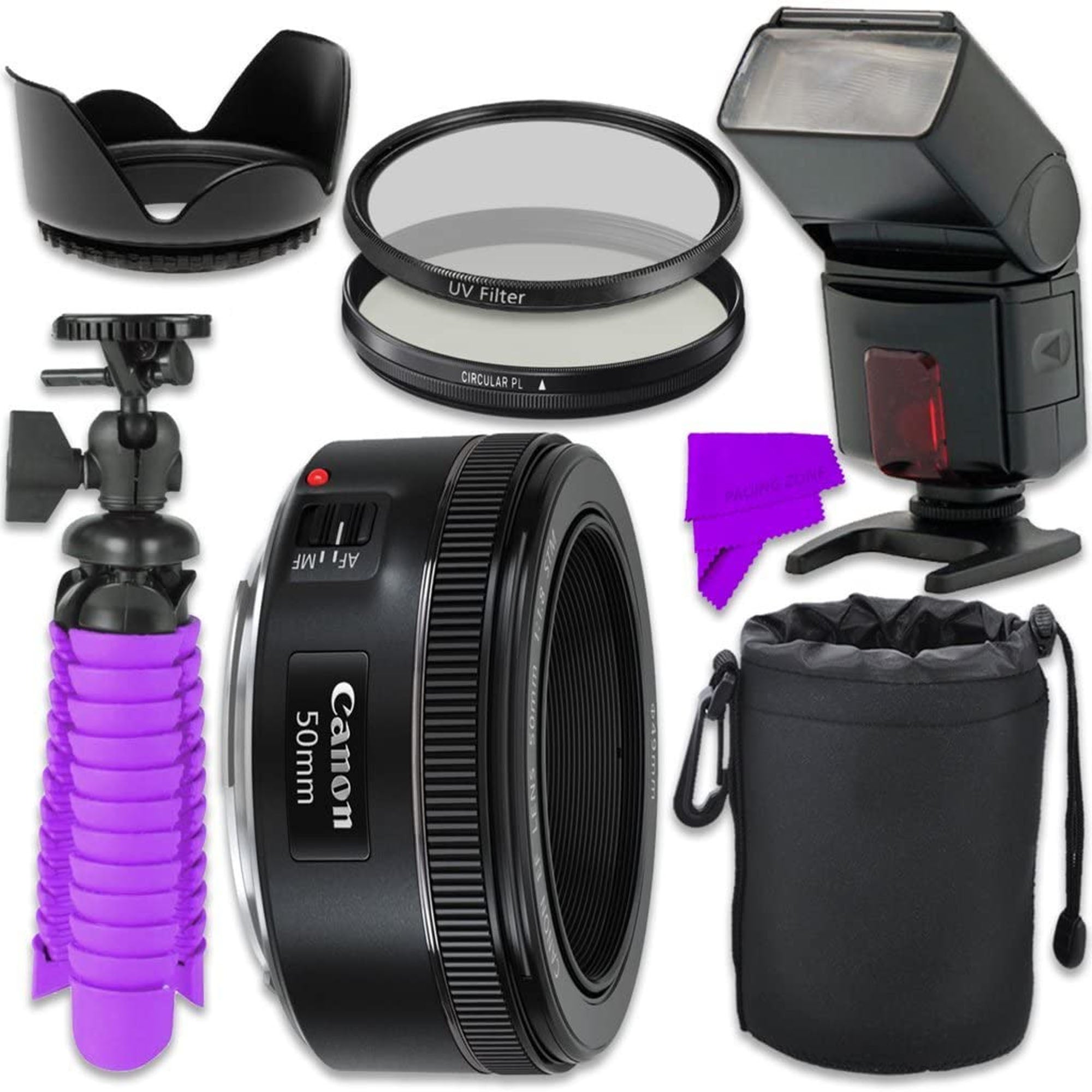 Canon EF 50mm f/1.8 STM Lens with TTL Flash, Filters, Tripod, Lens Hood & Cleaning Kit - Perfect for Portrait Photography, Low Light Shooting & Travel Photography