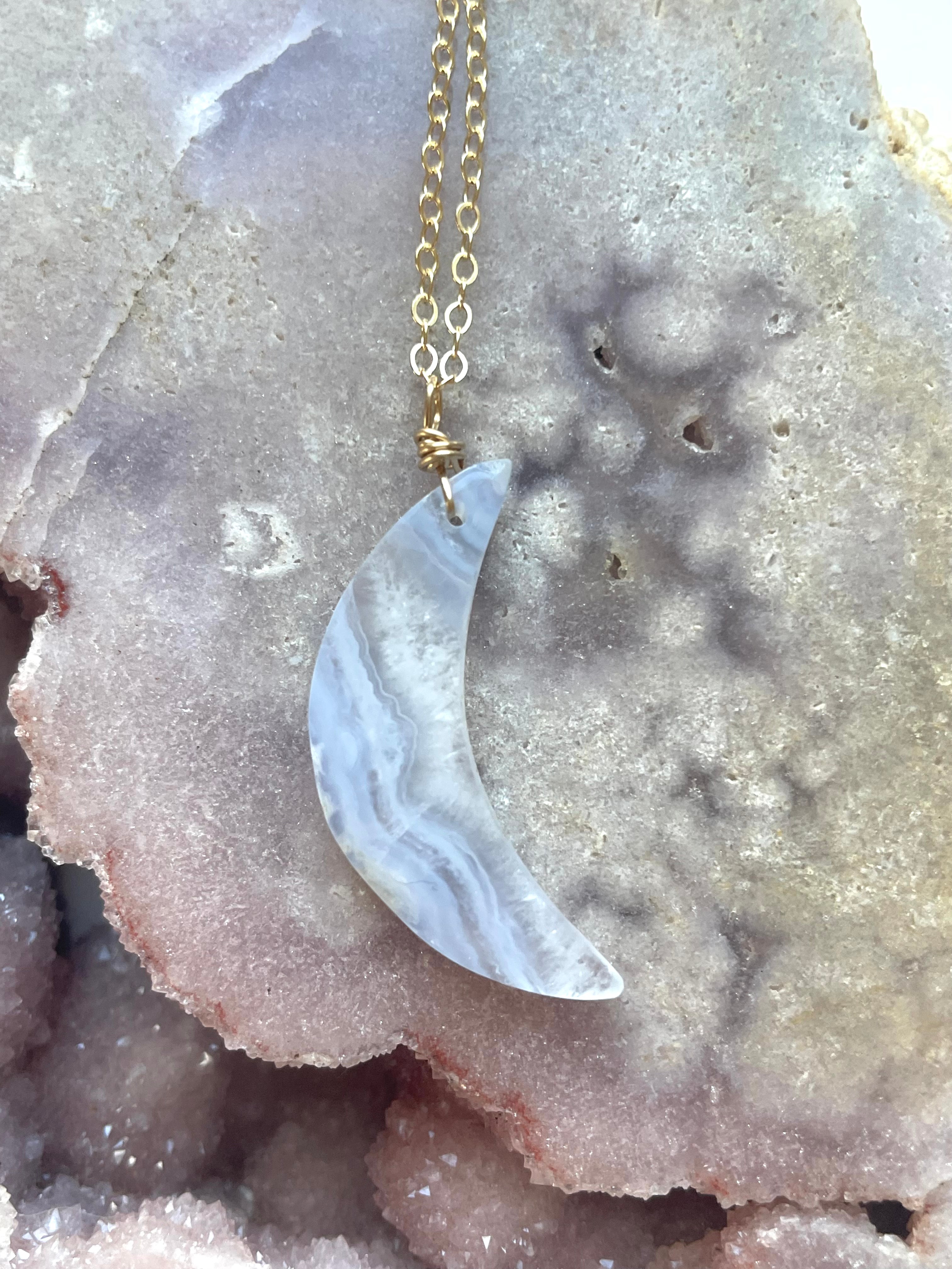 Blue Lace Agate Crescent Moon Necklace - Healing Crystal Pendant for Women | Boho Chic Jewelry for Meditation, Yoga & Spiritual Protection