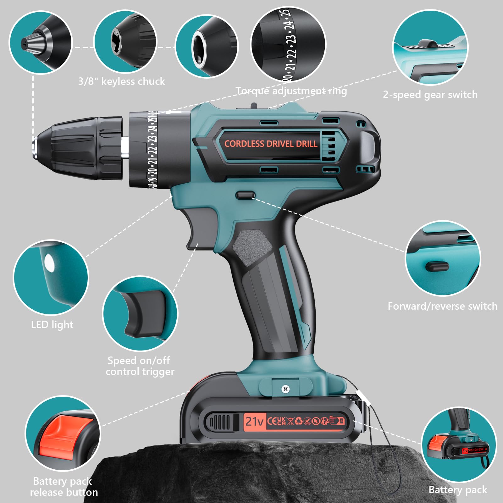21V Cordless Drill Set with 2 Batteries & Charger - 45Nm Electric Power Drill Driver, 25+3 Torque, 2-Speed, 3/8