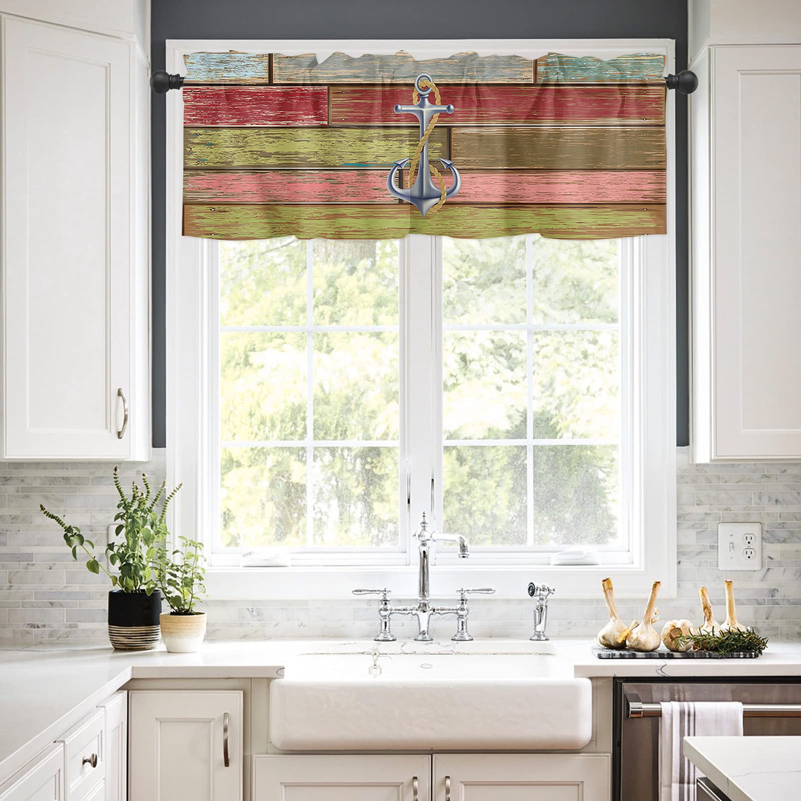 Nautical Anchor Window Valance - Rod Pocket Panel for Kitchen, Bedroom & Bathroom - Farmhouse Style Drapes