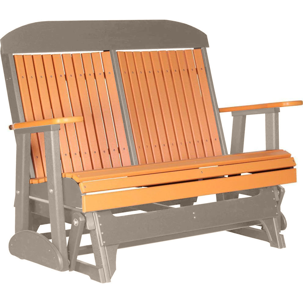 LuxCraft 4 ft. Recycled Plastic Highback Outdoor Glider Bench with Cup Holder - Orange - Perfect for Patio, Garden, and Backyard Relaxation