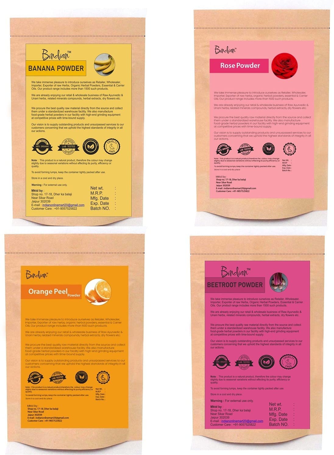 Organic Banana Rose Orange Peel & Beetroot Face Pack Powder - 4 Pack (50g Each) for Glowing Skin & Acne Treatment - DIY Skincare for Dry, Oily & Sensitive Skin Types