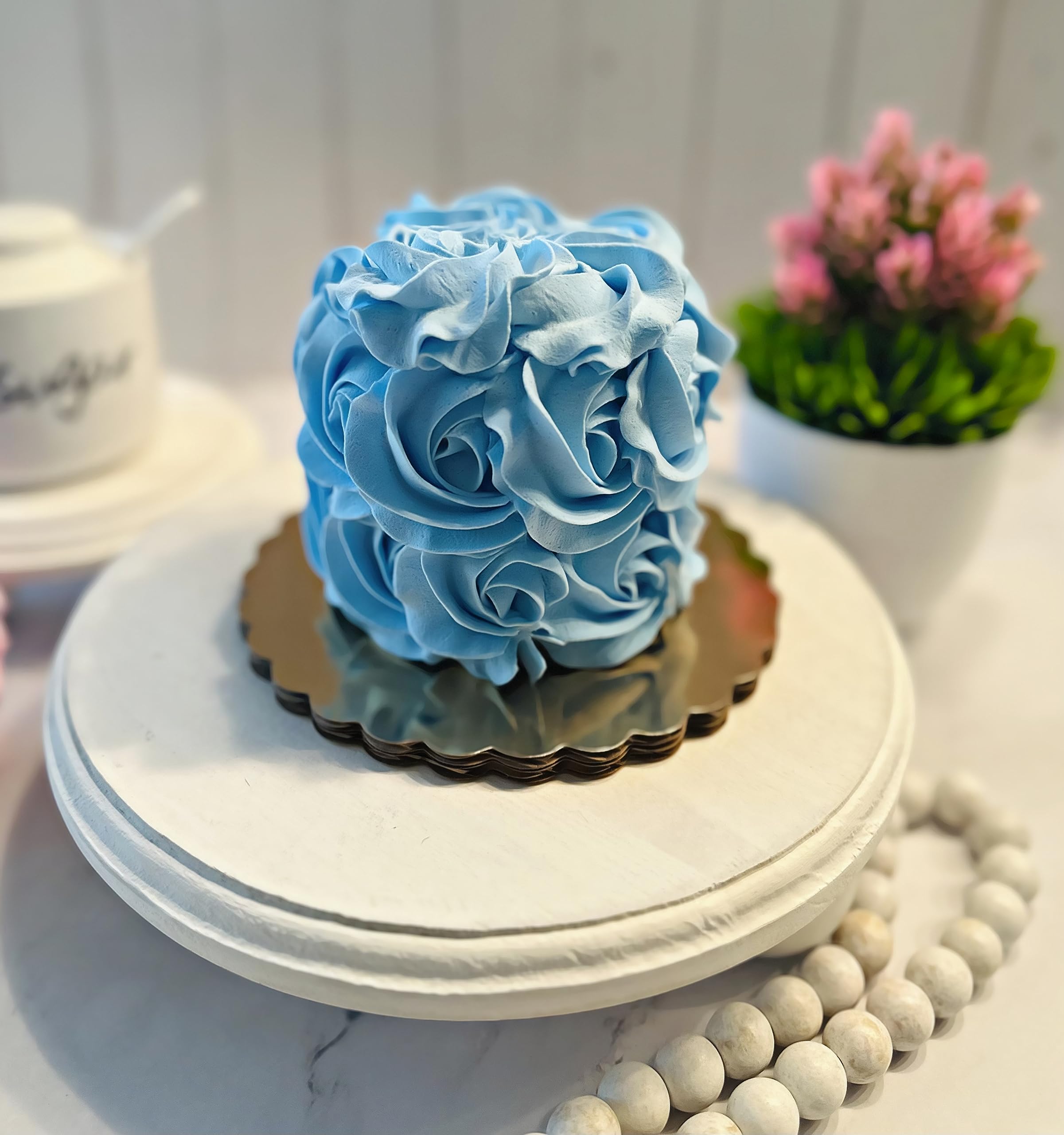 Artificial Mini Blue Rosette Cake - Fake Cake Decor for Display, Home & Kitchen - Faux Dessert Display on Cake Plate | Perfect for Wedding Centerpieces, Party Decor & Bakery Showcase