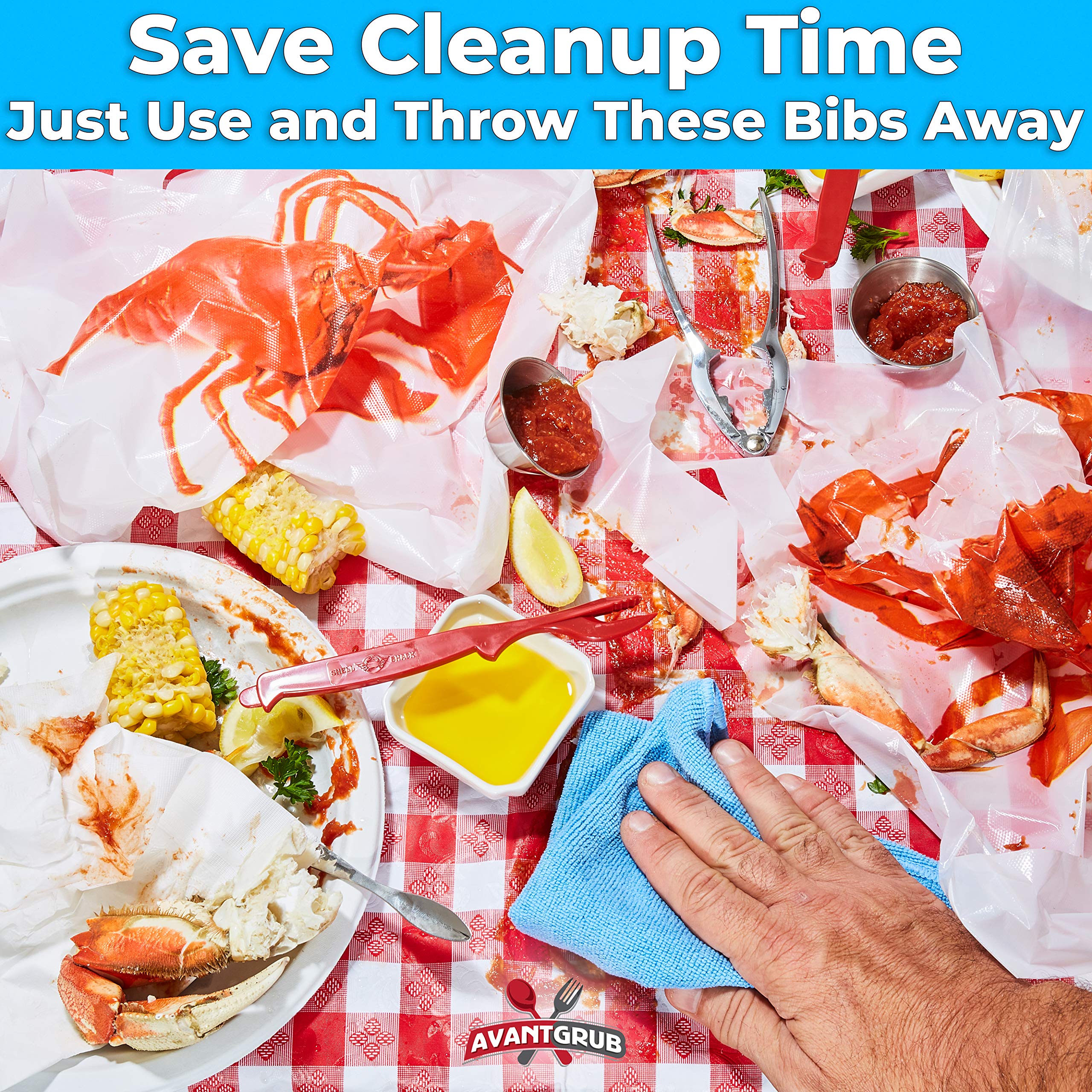 Avant Grub Heavy Duty Lobster Bibs 25 Pack - Large Disposable Plastic Tie-Back Bibs for Adults | Waterproof & Durable Seafood Dining Bibs for Crab, Lobster, Shrimp & Messy Meals | Perfect for Restaurants, Parties & Outdoor BBQs