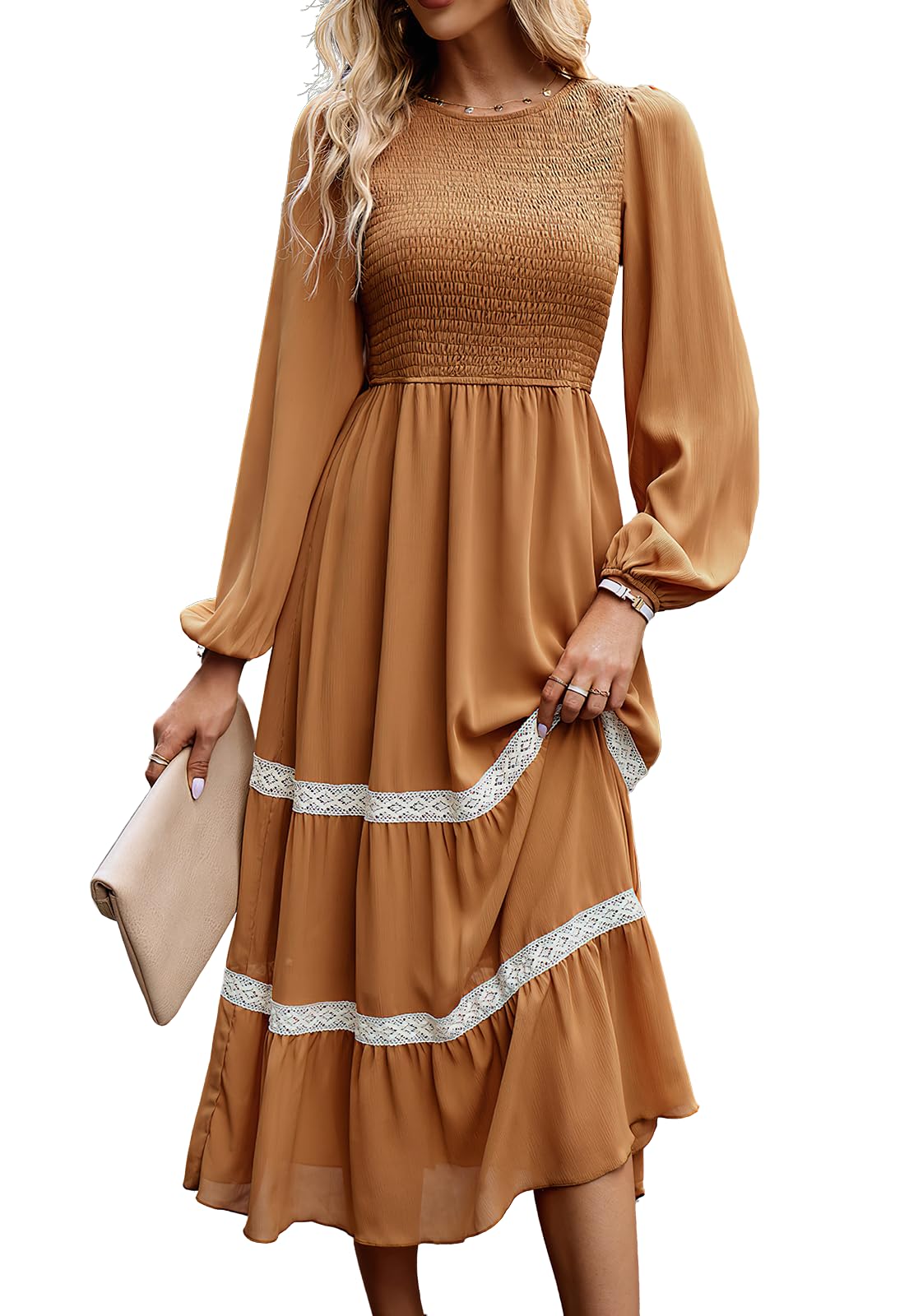 Elegant Lantern Sleeve Smocked Lace A-Line Midi Dress for Women - Perfect for Parties, Weddings & Special Occasions