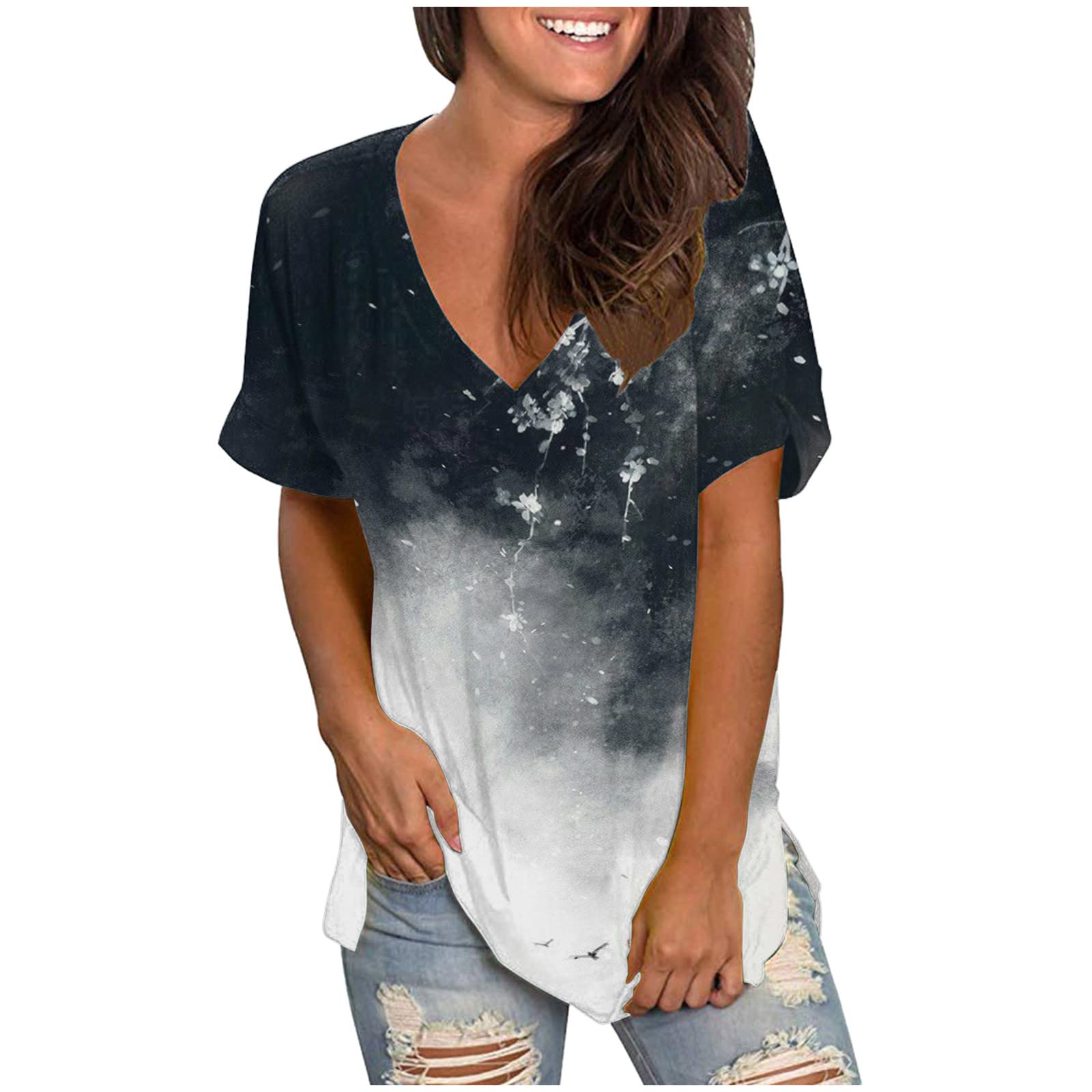 Women's V-Neck Short Sleeve T-Shirt - White Casual Loose Fit Plus Size Basic Tee for Summer | Perfect for Everyday Wear, Outings & Beach Vacations