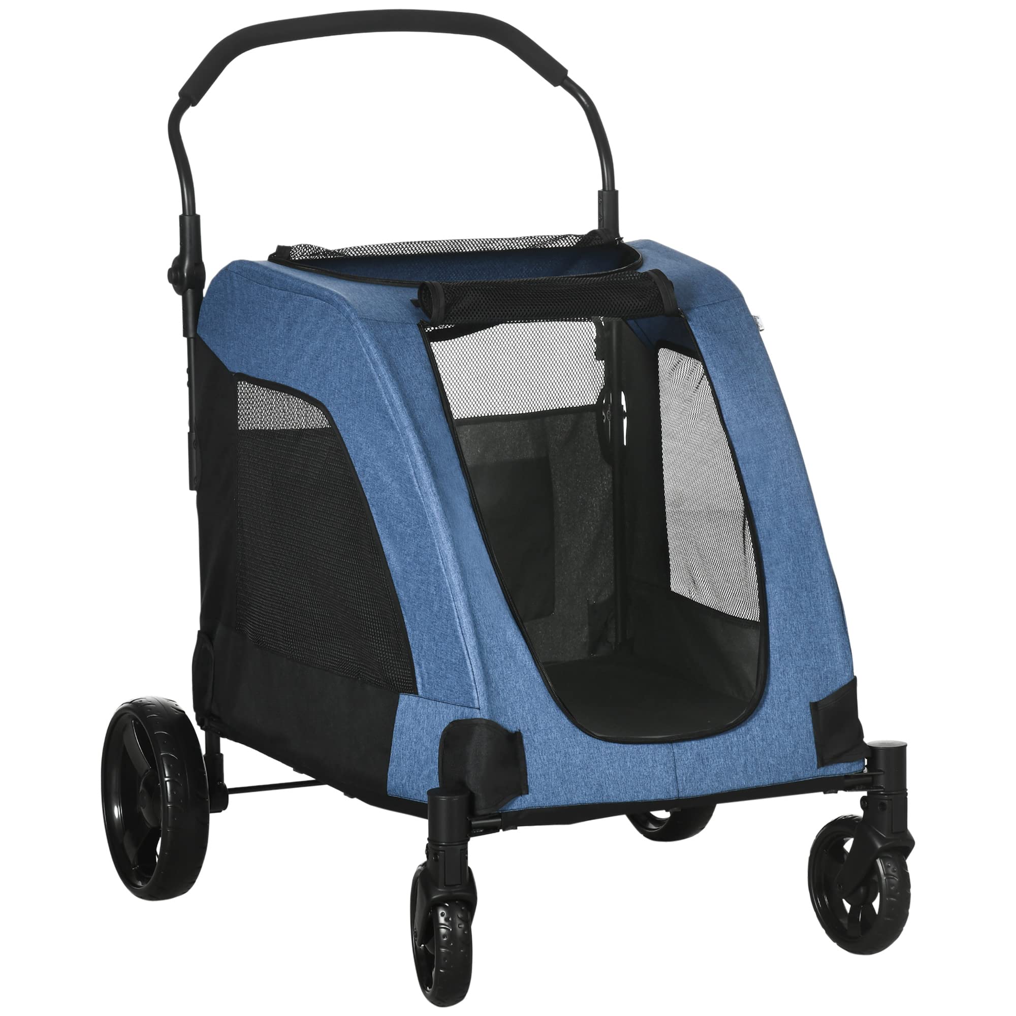 PawHut 4-Wheel Folding Pet Stroller for Medium & Large Dogs - Universal Wheels, Storage Basket & Safety Leash - Blue | Perfect for Outdoor Walks, Vet Visits & Shopping Trips