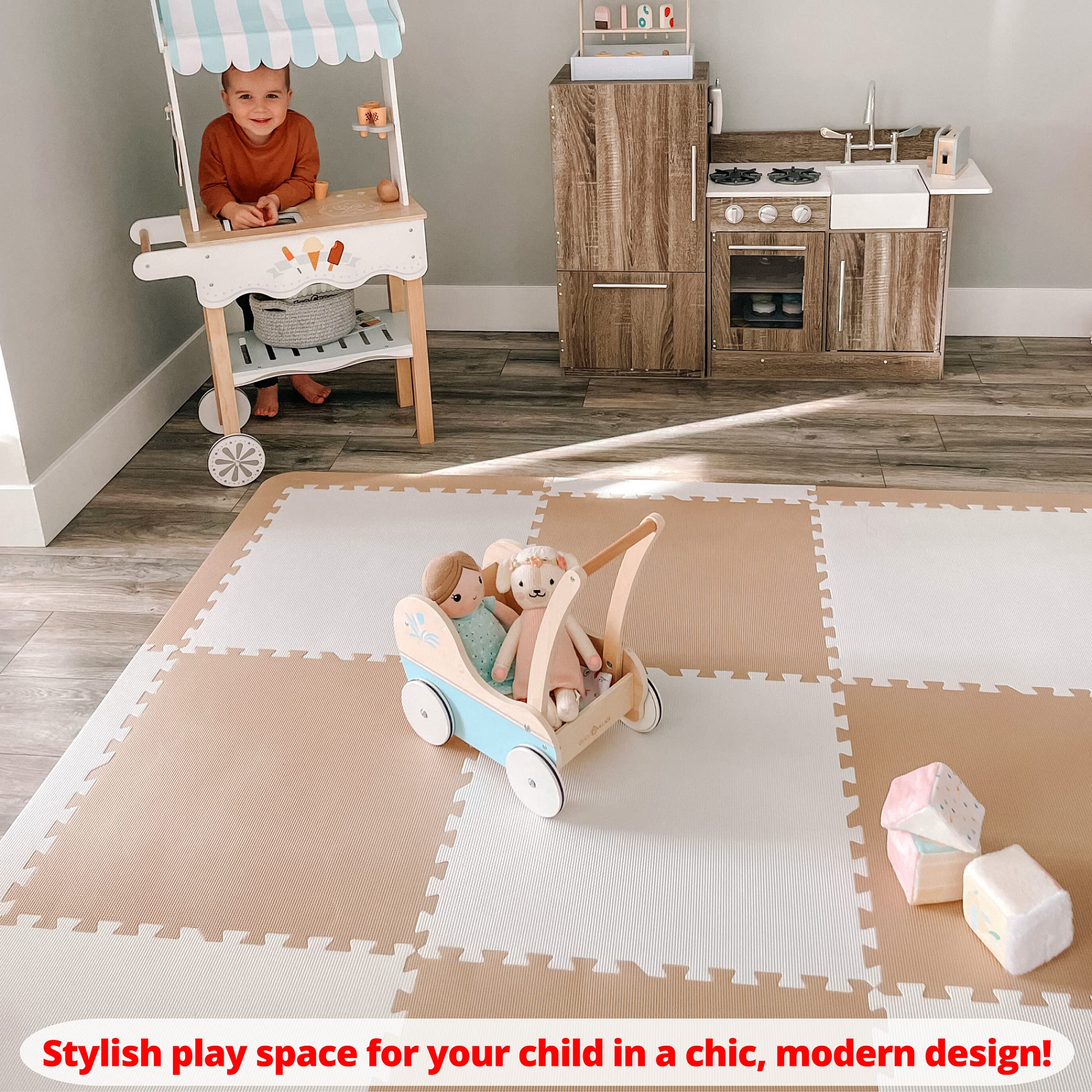 **Extra Large Baby Play Mat - 74x74 Inches Non-Toxic Foam Floor Tiles for Infants & Toddlers | Thick Interlocking Puzzle Playmat for Crawling, Tummy Time & Learning Activities (Beige/White) - Perfect for Nursery, Daycare & Playroom**