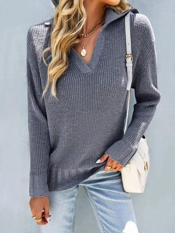 Women's V-Neck Polo Sweater Top - Soft & Stylish Knit Pullover for Casual Wear, Office & Layering
