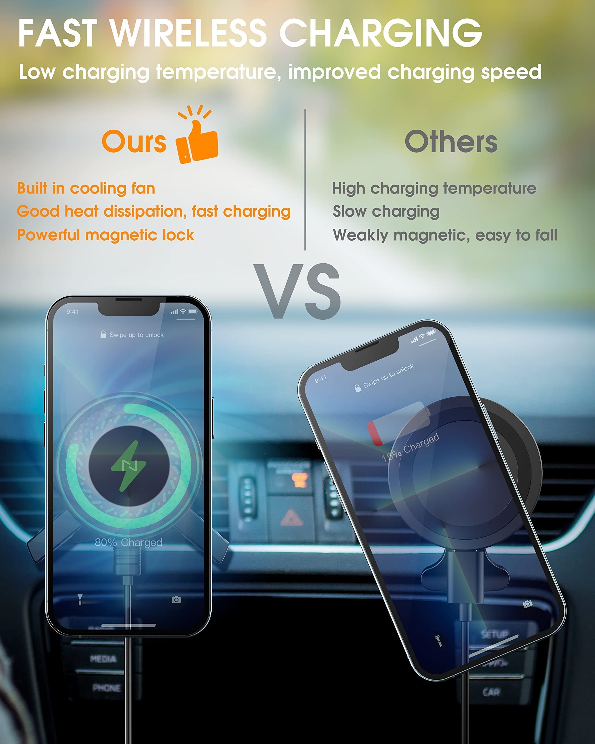 15W Fast Magnetic Wireless Car Charger with Cooling Fan - Magsafe Car Vent Mount for iPhone 14/13/12 Series & Mag-Safe Cases | Includes 2 Type Air Vents | Perfect for Hands-Free Charging While Driving