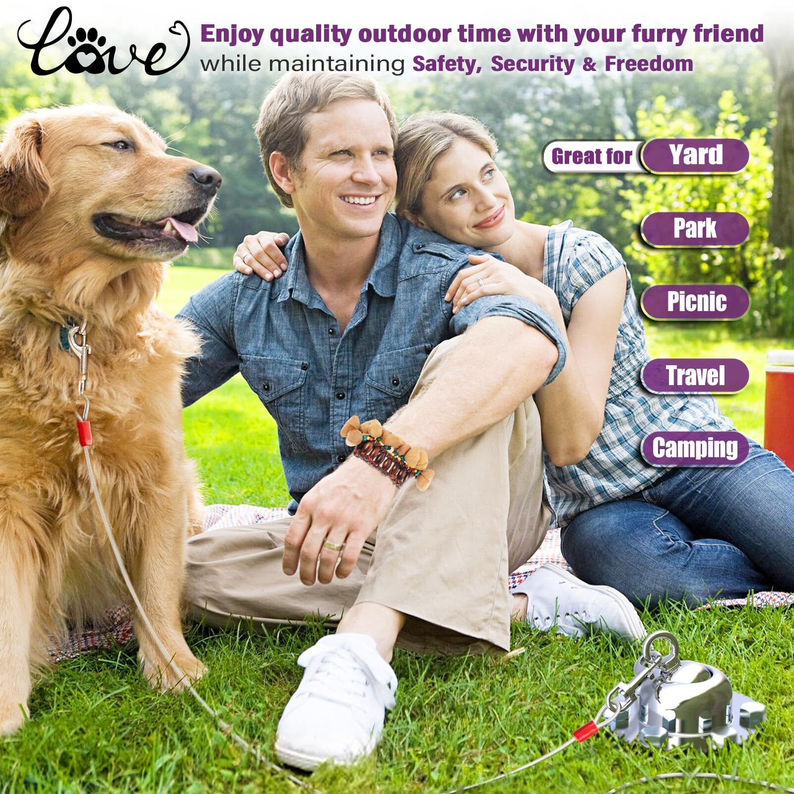 360° Swivel No Tangle Dog Tie Out Cable with Heavy Duty Stainless Steel Stake - 20ft Reflective Dog Run for Small to Large Dogs - Perfect for Backyard, Camping & Outdoor Use (Silver)