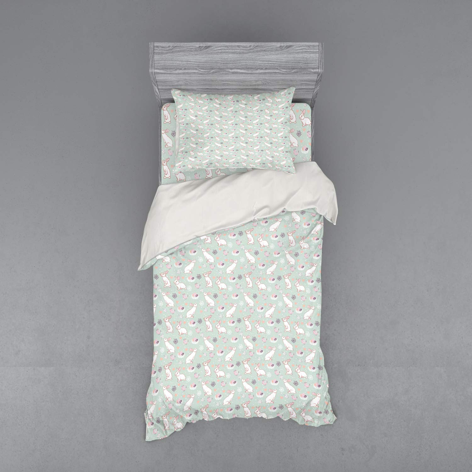 Ambesonne Easter Bedding Set - Pastel Floral Rabbit Print 3-Piece Duvet Cover with Sham & Fitted Sheet, Twin Size - Spring Decor for Kids Room & Holiday Home Decor