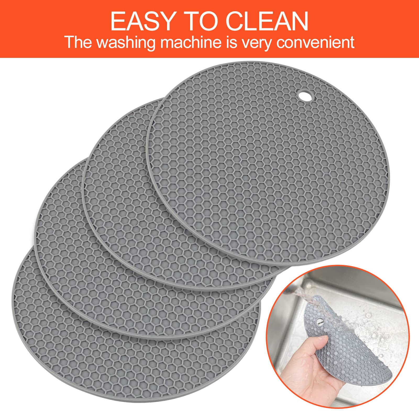 Uootach Set of 4 Round Silicone Pot Holders - Non-Slip, Waterproof, Heat Resistant Silicone Trivets for Pots, Pans, Teapots & Bowls (Gray) - Perfect for Kitchen Countertops, Dining Tables & Outdoor Picnics