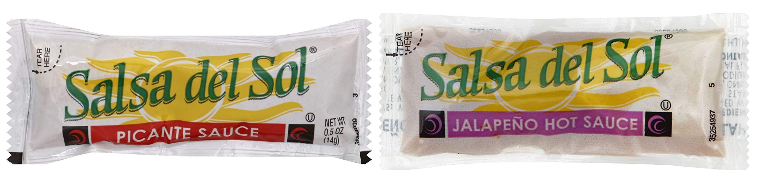 Spicy Salsa Del Sol Bundle - 50 Packets Picante Sauce & 50 Packets Jalapeno Hot Sauce (100 Packets Total) - Perfect for Tacos, Nachos & Mexican Food Lovers - Packed in Make Your Day Gift Box