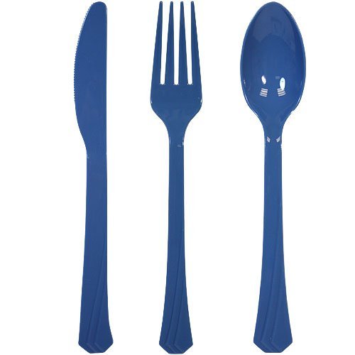 Tiger Chef 144-Pack Heavy Duty Plastic Cutlery Set - 48 Forks, 48 Teaspoons, 48 Knives in Yellow, Red & Blue | Durable Disposable Silverware for Parties, Picnics, BBQs & Catering Events