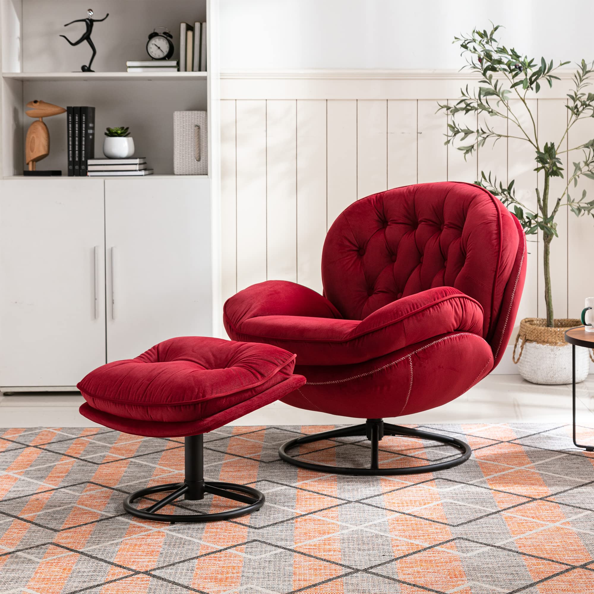 Velvet Swivel Accent Chair with Ottoman - 360 Degree Rotating Modern Armchair with Footrest for Living Room, Bedroom, Home Office - Soft Upholstered Lounge Chair with Sturdy Metal Base (Red) - Perfect for Relaxing, Reading & Watching TV