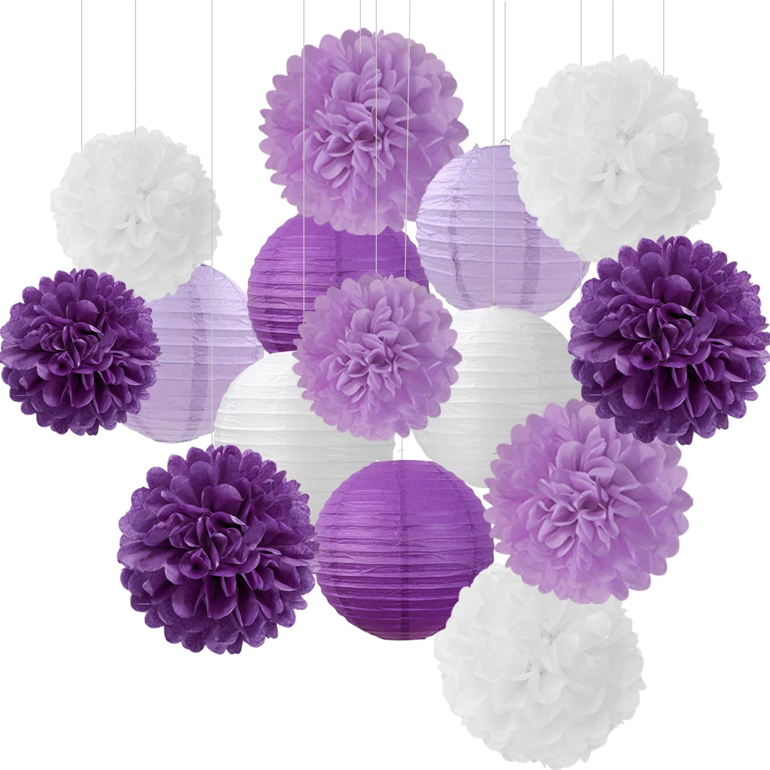 15-Pack Purple & White Lavender Paper Flower Lanterns - Tissue Pom Poms & Streamers for Birthday, Wedding, Baby Shower, Graduation, Bachelorette Party Decorations | Elegant Hanging Decor for Home & Event Spaces