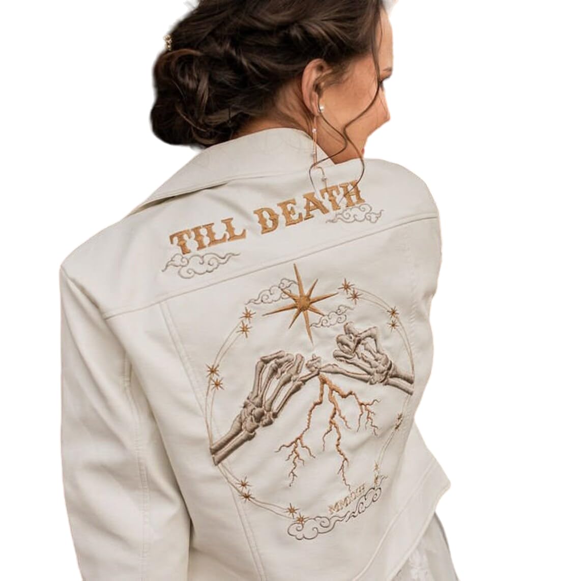 Gothic Celestial Western Wedding Leather Jacket - Black/Ivory Bride Jacket for Alternative Weddings, Biker Events & Dark Romance Fashion