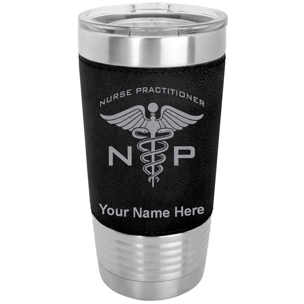 LaserGram 20oz Vacuum Insulated Stainless Steel Tumbler Mug with Personalized Engraving - NP Nurse Practitioner Gift, Faux Leather Sleeve, Black - Perfect for Coffee, Tea & Cold Drinks at Work, Hospital or Outdoor Activities