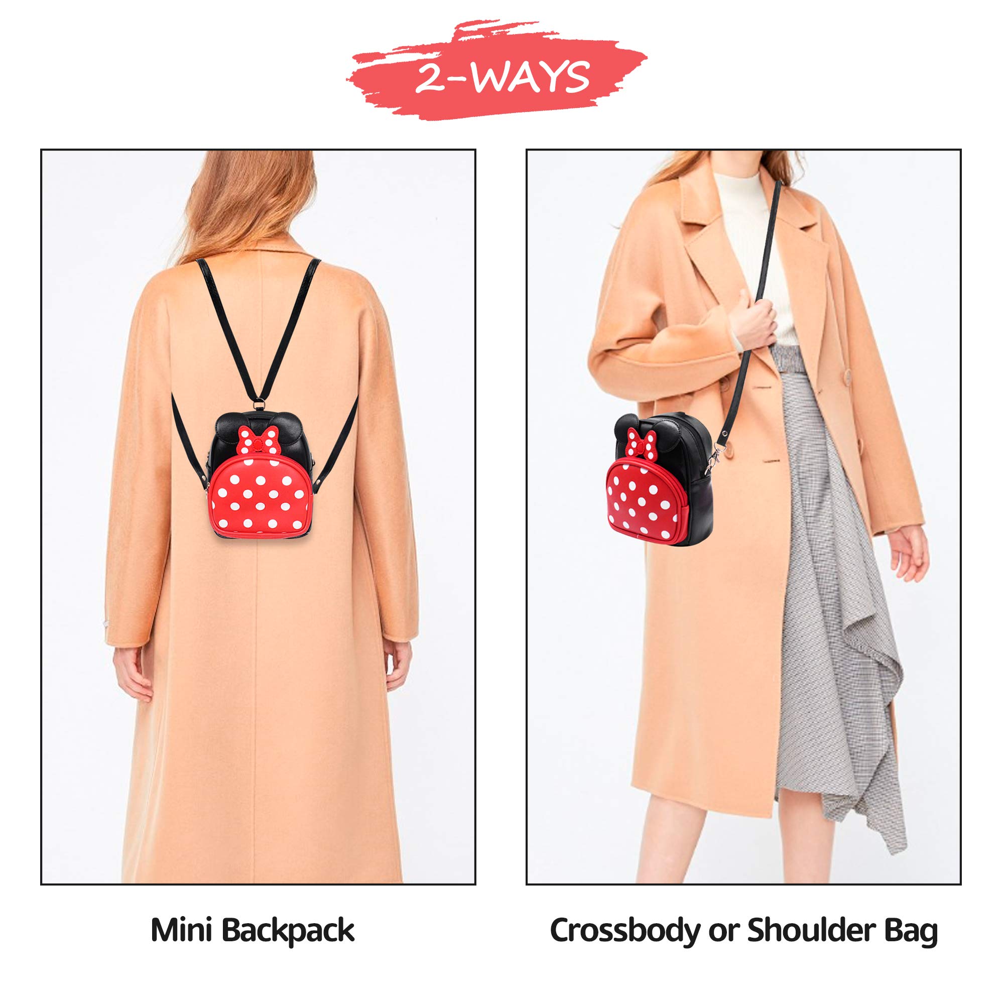Minnie Mouse Polka Dot Small Backpack & Crossbody Bag 2-in-1 - Adjustable Shoulder Strap PU Leather Mini Backpack for Women & Girls, Travel, School, Makeup Organizer (Red/Black) - Perfect for Disney Fans, Theme Parks & Everyday Use