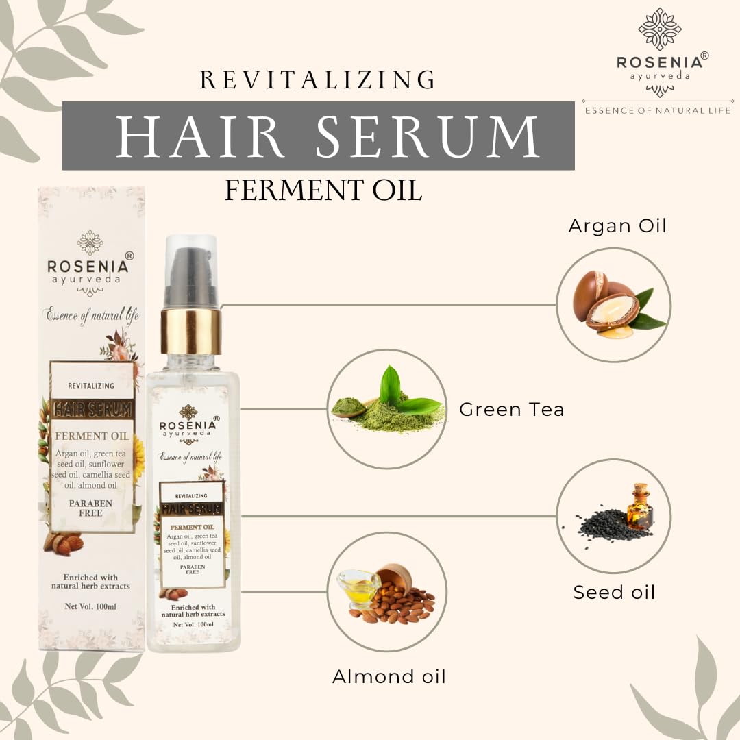 Rosenia Ayurveda Ferment Oil Hair Serum - 100ml Paraben & Mineral Oil Free for Hair Growth & Repair - Perfect for Dry, Damaged Hair & Scalp Care