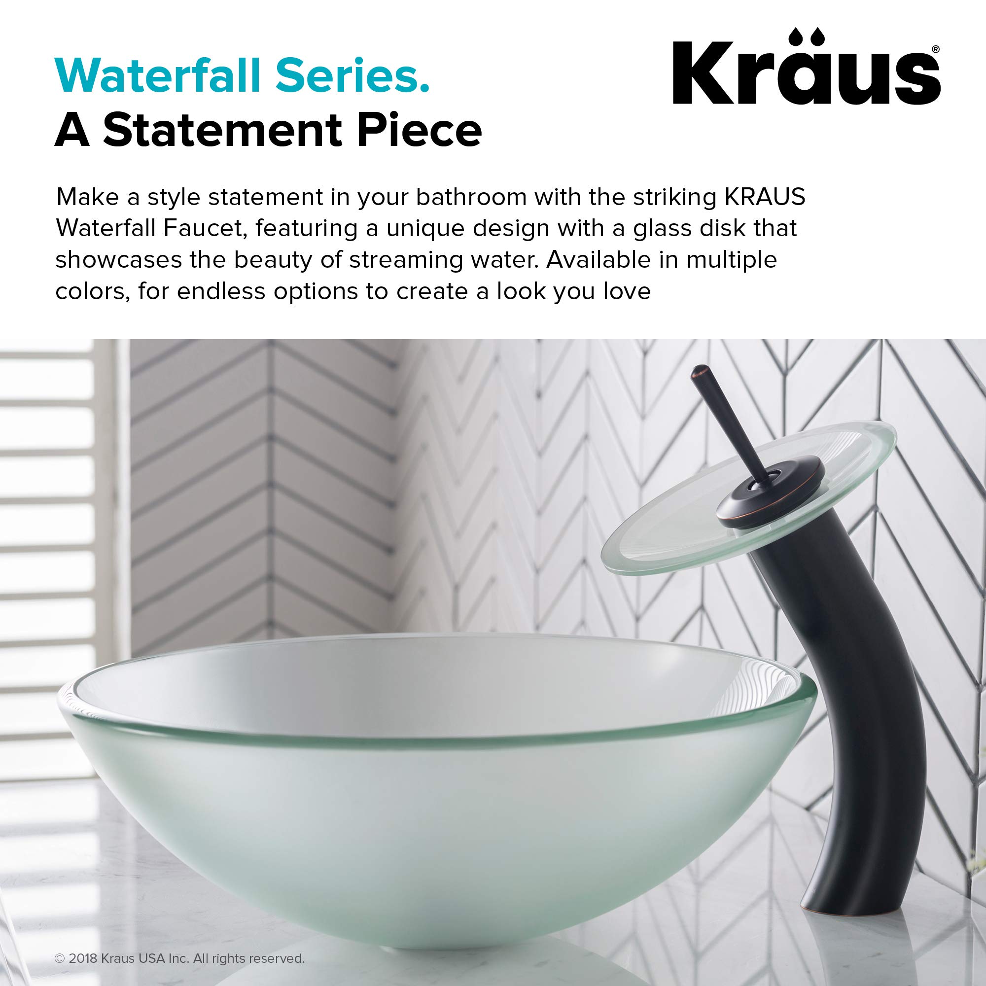KRAUS Oil Rubbed Bronze Tall Waterfall Bathroom Faucet for Vessel Sink - Frosted Glass Disk & Pop-Up Drain, Model KGW-1700-PU-10ORB-FR | Modern Bathroom Upgrade for Spa-Like Luxury & Elegant Home Decor