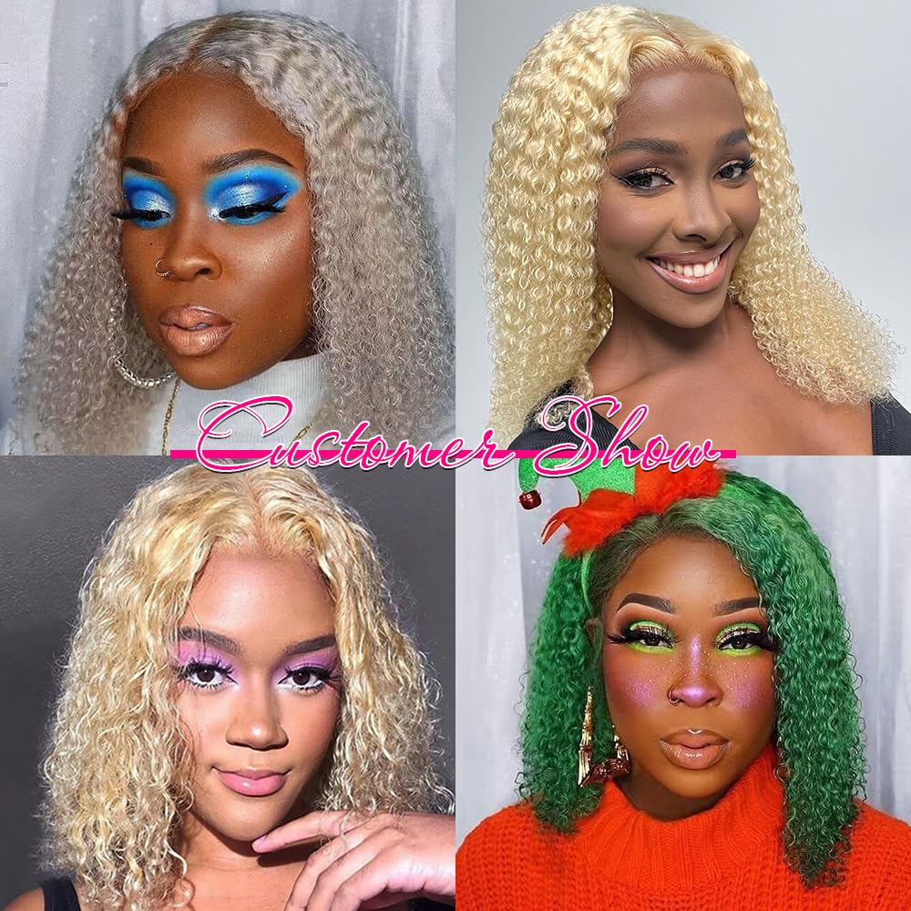 613 Blonde Bob Wig Human Hair 13x4 Lace Front Wig - Short Curly Bob Wigs for Black Women with Pre-Plucked Baby Hair & 180% Density (12 Inch) - Perfect for Cosplay, Daily Wear & Special Occasions