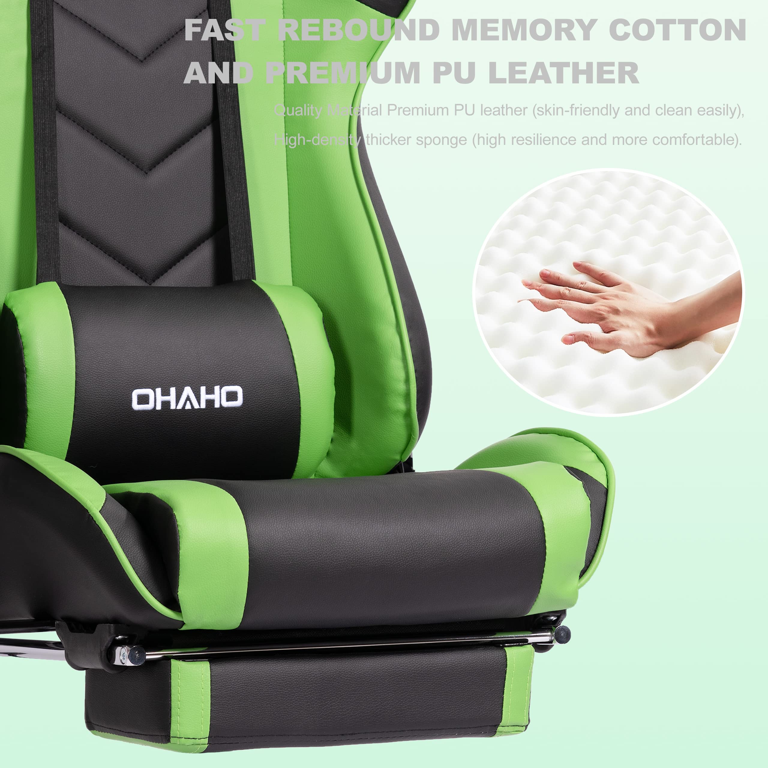 OHAHO Ergonomic Gaming Chair - High Back Racing Style Office Chair with Adjustable Lumbar Support, Massage Cushion, Retractable Arms & Footrest - Swivel Recliner for PC Gaming, Work & Home Office (Black/Green)