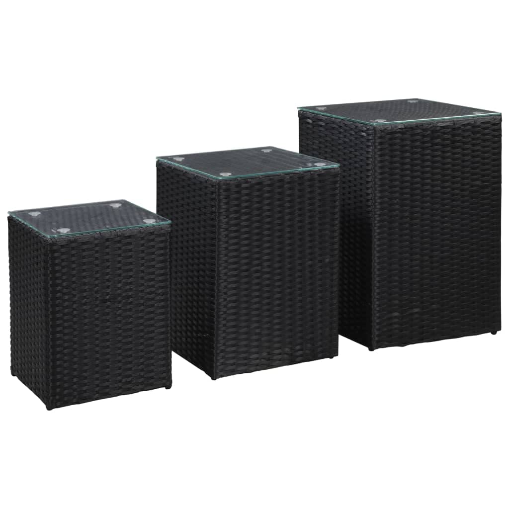vidaXL Set of 3 Black Square Side Tables with Glass Top - Poly Rattan & Metal Frame - Indoor Outdoor End Tables - Lightweight Easy-Clean Coffee Tables for Patio, Living Room, Bedroom & Garden Decor