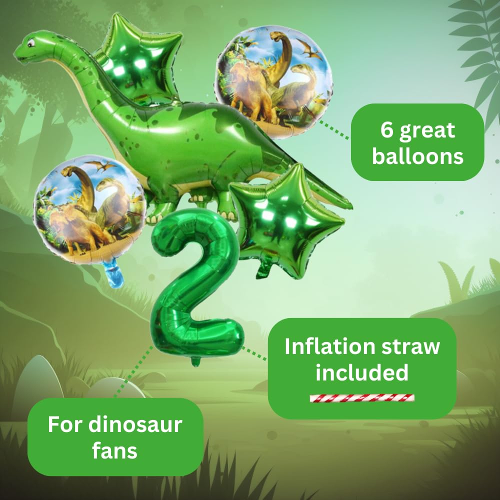 DINOWULI Dinosaur Party Decorations Set - 2nd Birthday Green Number 2 Balloon, Dinosaur Themed Balloons, Long Neck Dinosaur Decorations, Foil Balloons for Kids Birthday Party Supplies | Perfect for Dinosaur-Themed Birthday Parties, Baby Showers & Nursery Decor