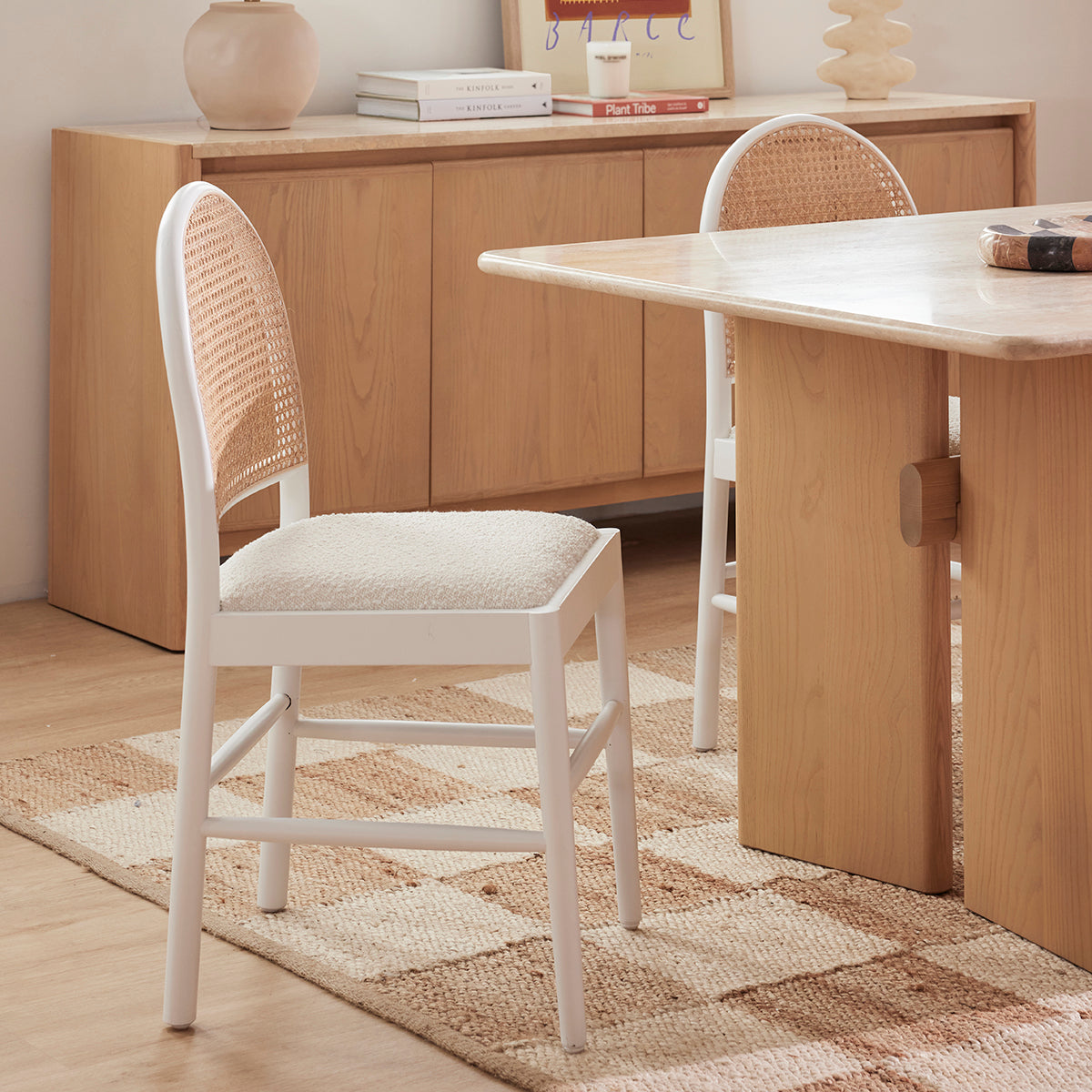 Capri Rattan Boucle Arch Dining Chair - Modern Woven Rattan Accent Chair for Kitchen, Dining Room, or Patio - Comfortable & Stylish Seating for Indoor and Outdoor Use