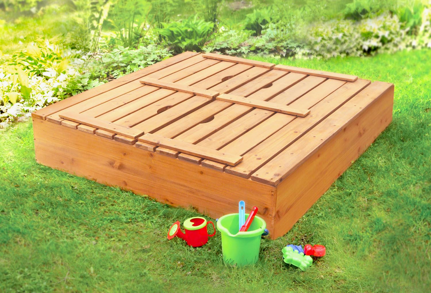 Badger Basket Convertible Cedar Sandbox with Bench Seats & Cover - Natural Wooden Outdoor Play Sand Box for Kids, Toddlers & Children - Perfect for Backyard, Garden & Playground Fun
