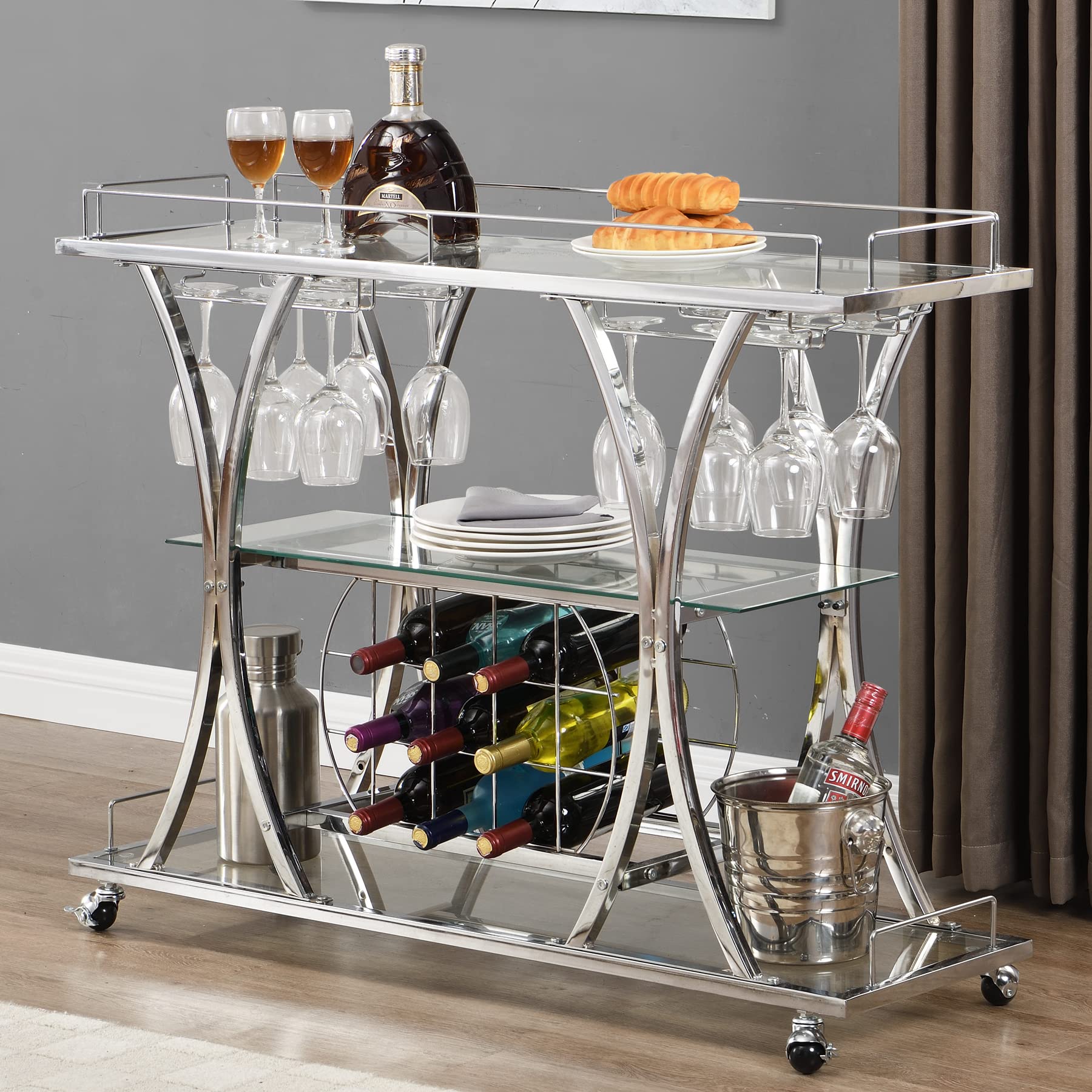 mikibama Silver Serving Bar Cart - Modern Mini Bar Cart for Home with Wine Rack & Storage for Liquor, Drinks, Coffee | Perfect for Small Spaces, Entertaining Guests, and Stylish Home Decor