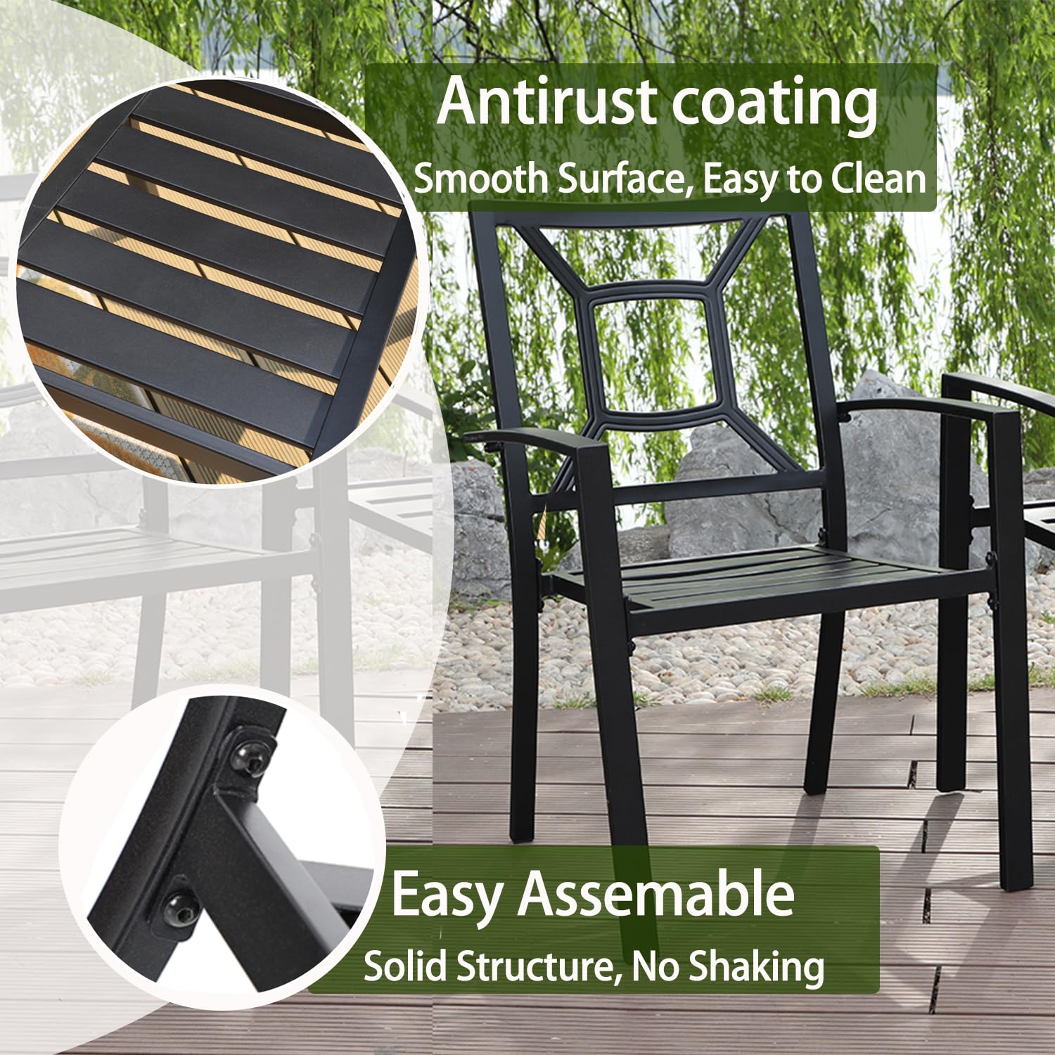 MFSTUDIO 2-Piece Black Wrought Iron Outdoor Dining Chairs Set - Stackable Patio Furniture with Armrests for Garden, Poolside & Backyard Relaxation