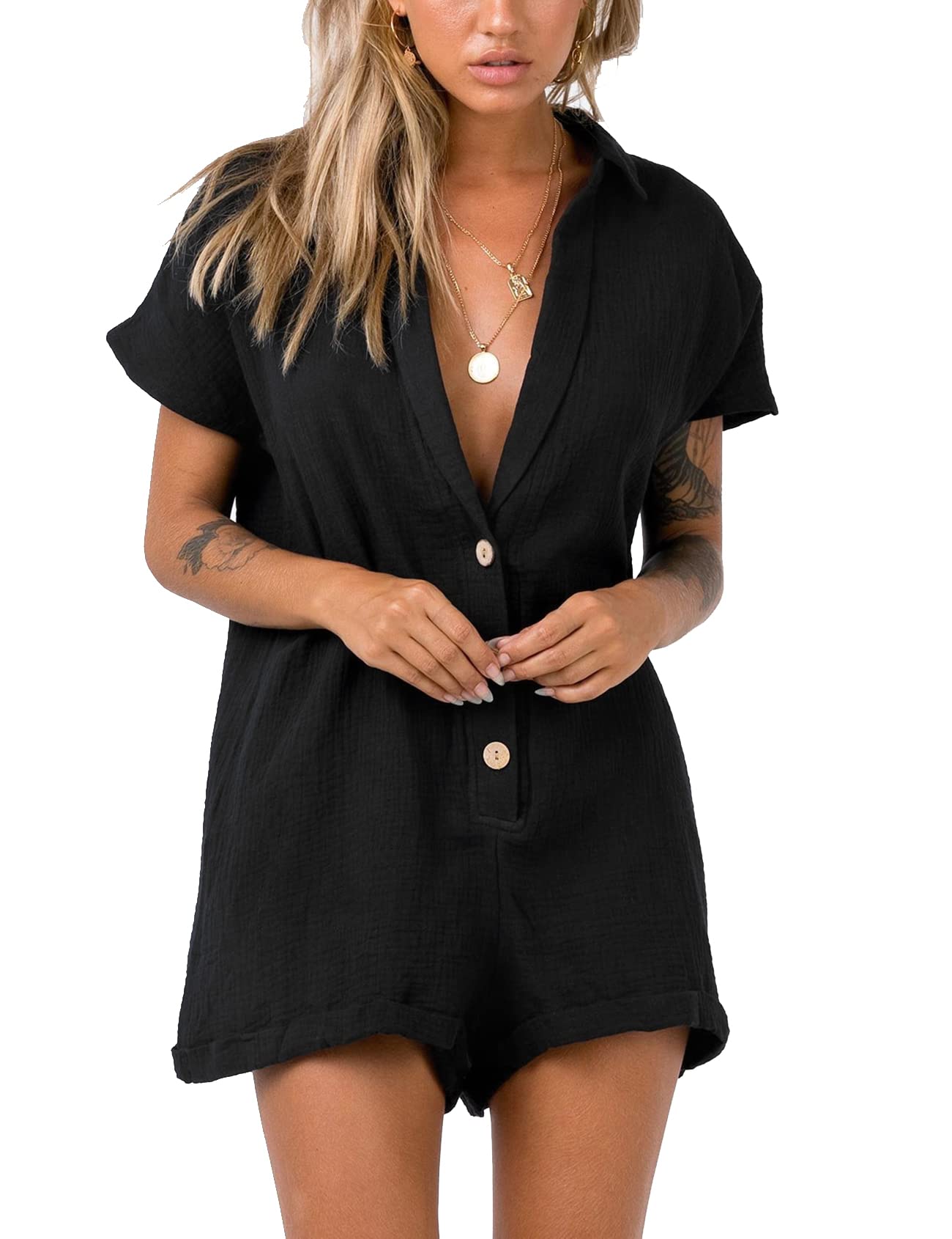 Flygo Women's Rompers 2024 - Summer Loose V-Neck Button Down Shortsuit, Casual Jumpsuit & Playsuit for Beach, Vacation & Outdoor Activities
