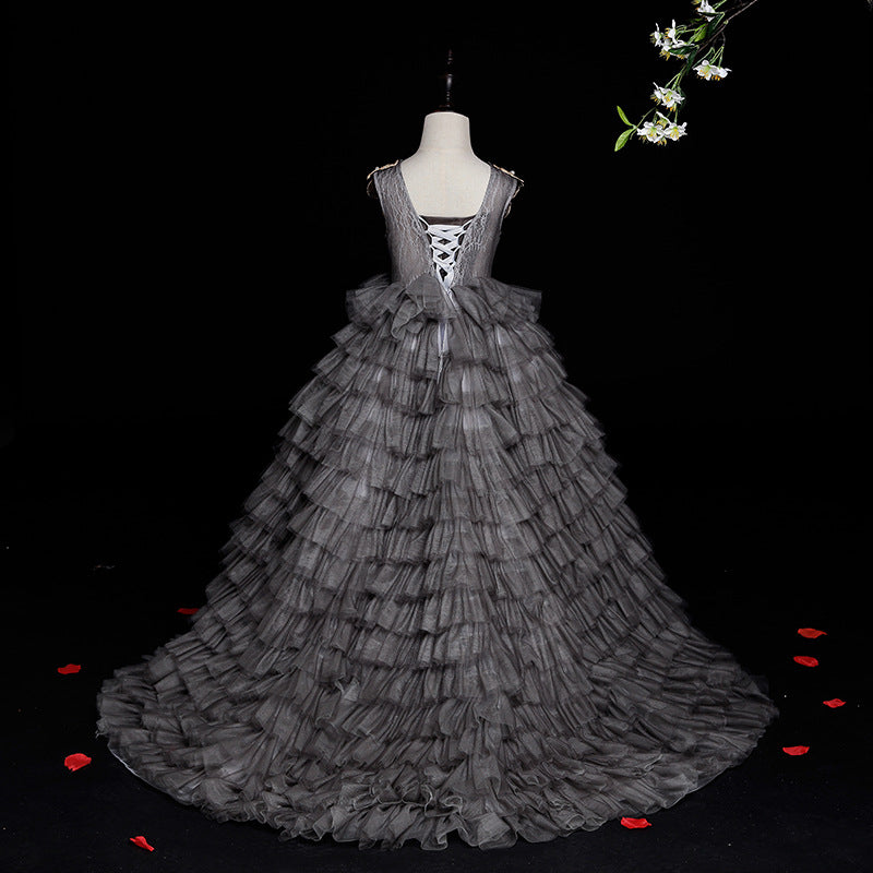 Girl's Communion Dress - Grey Puffy Tail Pageant Princess Gown for Baby & Toddler | First Communion, Christening, Baptism & Special Occasions