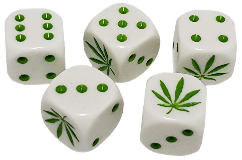 Premium Black PU Leather Dice Cup with Storage - 5 Pack 16mm Rounded Corner Cannabis-Themed Dice Set (Gift Box, Red Felt Lining) - Perfect for Board Games, Poker Nights & 420 Parties