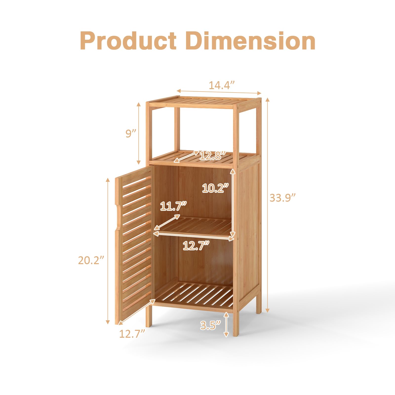 Kinborbaby Small Bathroom Storage Cabinet - Bamboo Bathroom Organizer with 3 Shelves, Narrow Floor Cabinet for Towels & Toiletries, Space-Saving Bathroom Furniture for Apartments & Small Spaces