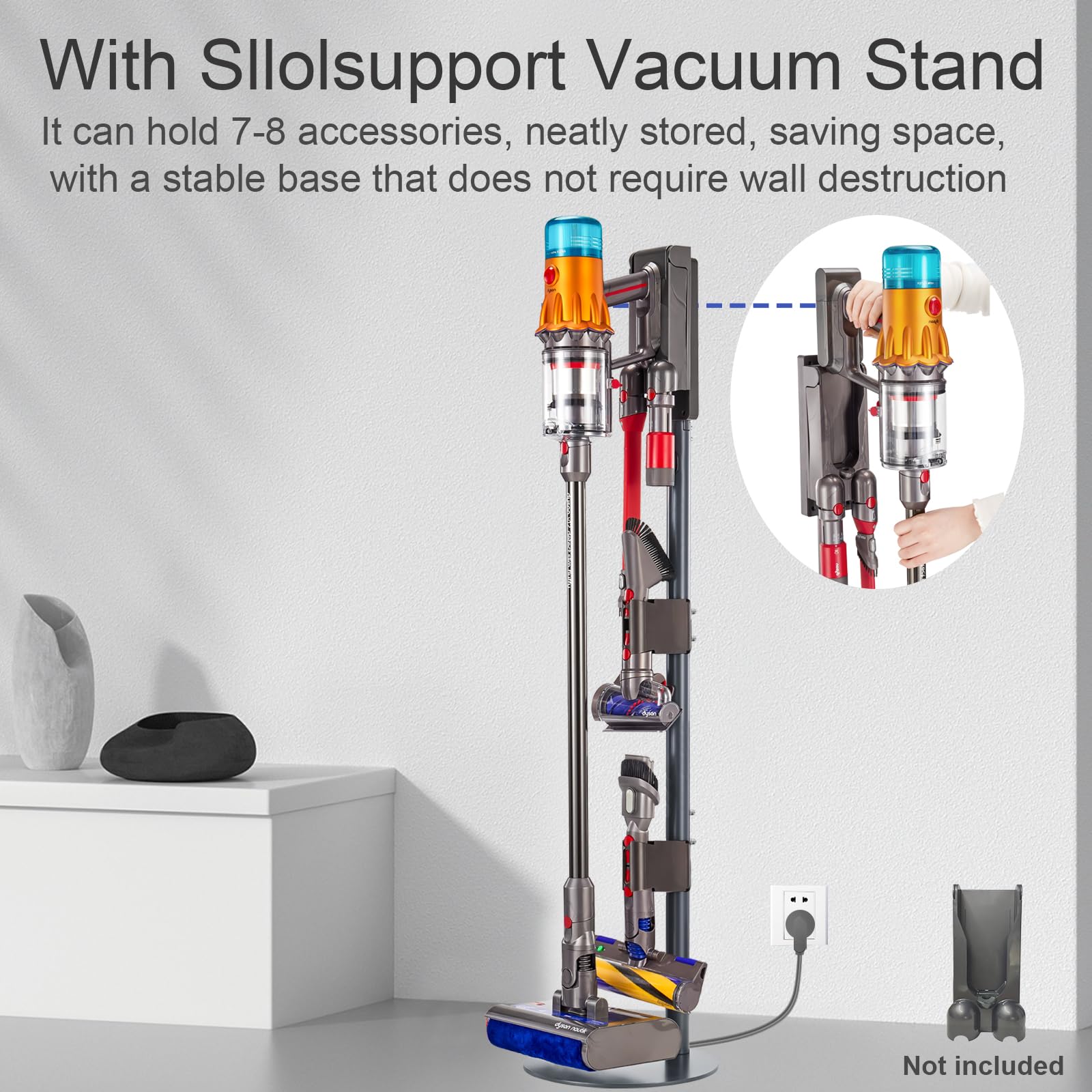 Dyson V7 V8 V10 V11 V12 V15 Vacuum Stand - Metal Storage Bracket Holder with Removable Clips & Hidden Cable Design | Wall Mount Charging Station for Cordless Stick Vacuums | Perfect for Home, Garage & Closet Organization