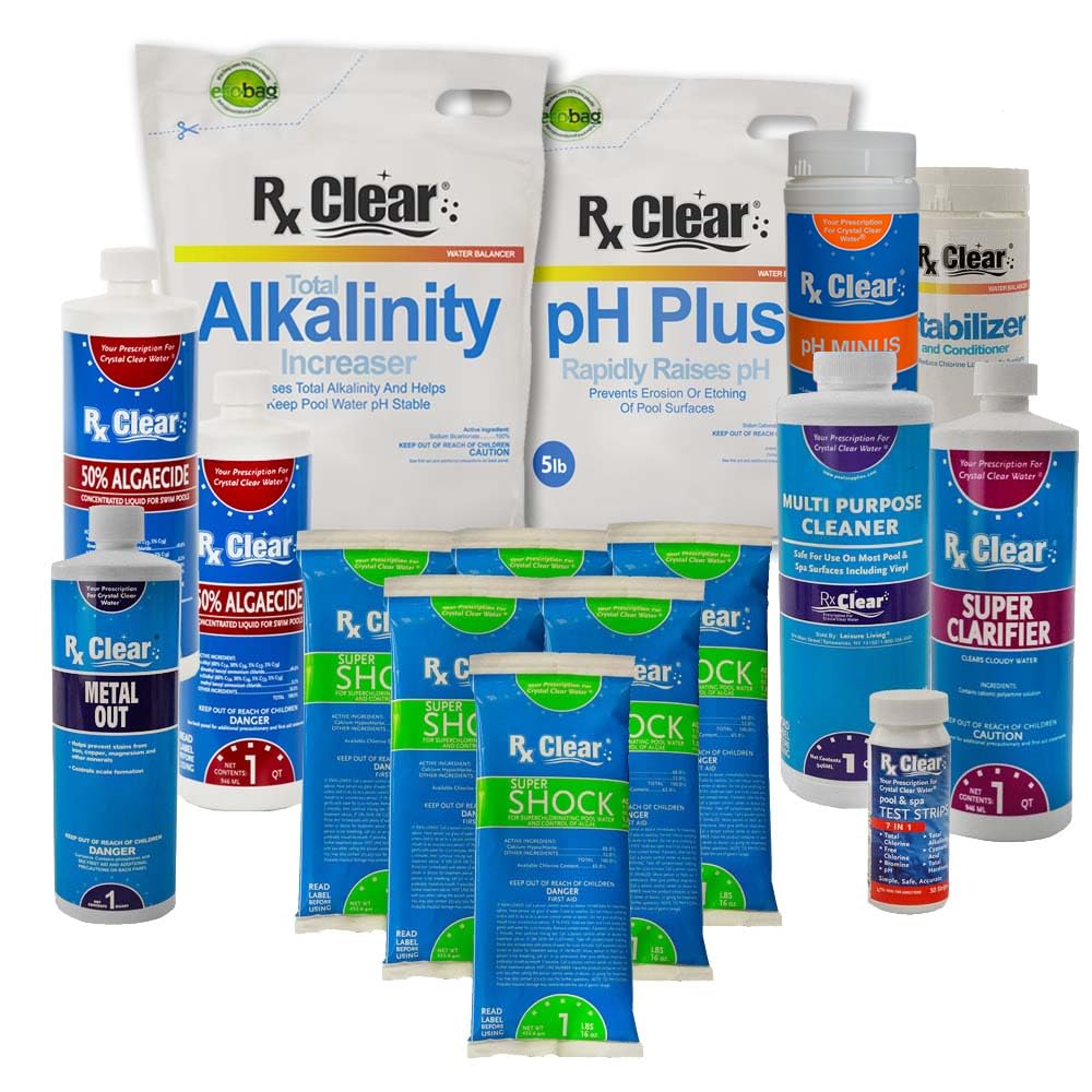 Rx Clear Deluxe Spring Chemical Opening Pool Cleaning Kit for Swimming Pools Up to 15,000 Gallons - Includes Shock, Clarifier, pH Minus & Algaecide | Professional Pool Maintenance Solution for Crystal Clear Water | Perfect for Spring Opening & Seasonal Pool Care