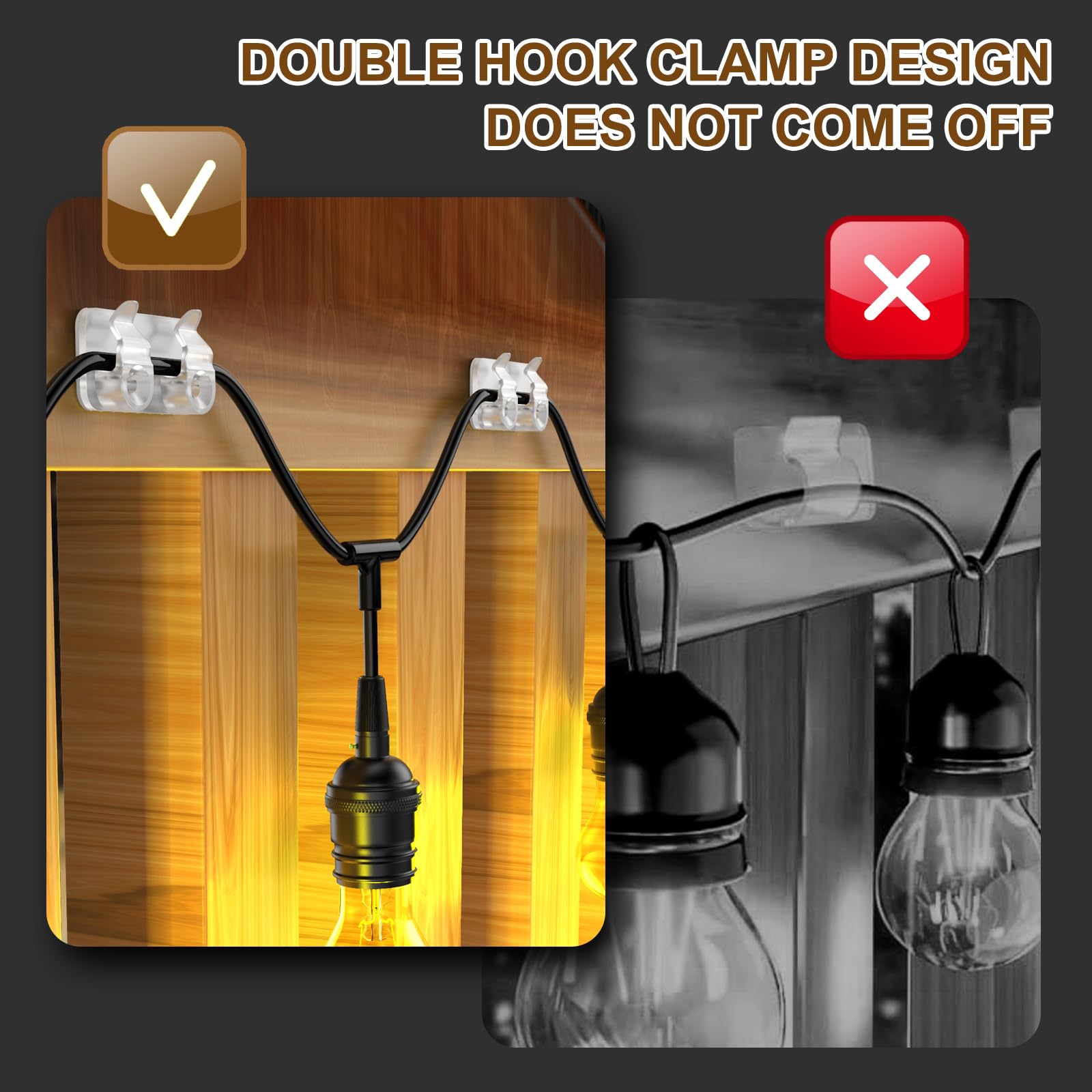Command Outdoor Light Clips with Adhesive Strips - 50 Pack Clear Wall Clips for Hanging Outdoor Lights, Cables & Fairy Lights - Strong Adhesive Cable Management for Desk, Home & Garden Decor - Perfect for Patio, Christmas & Party Lighting