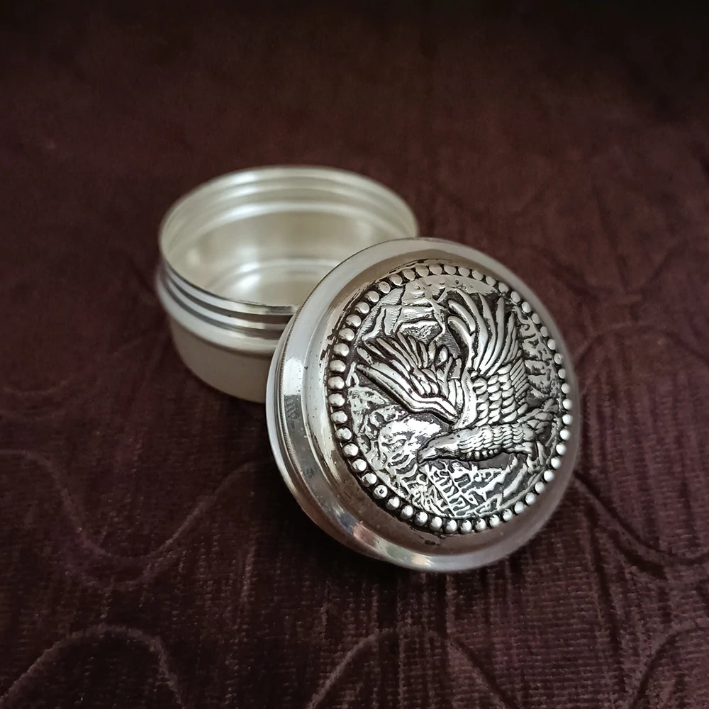 925 Pure Silver Oxidized Kumkum Box - Handcrafted Jewelry Organizer for Pooja, Wedding Gifts & Home Decor (Design 54)