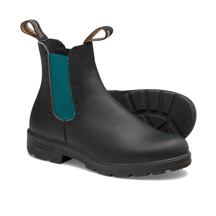 Blundstone 2320 Original Women's High Top Boots - Black with Green Elastic Side - Comfortable & Durable Chelsea Boots for Walking, Hiking & Everyday Wear