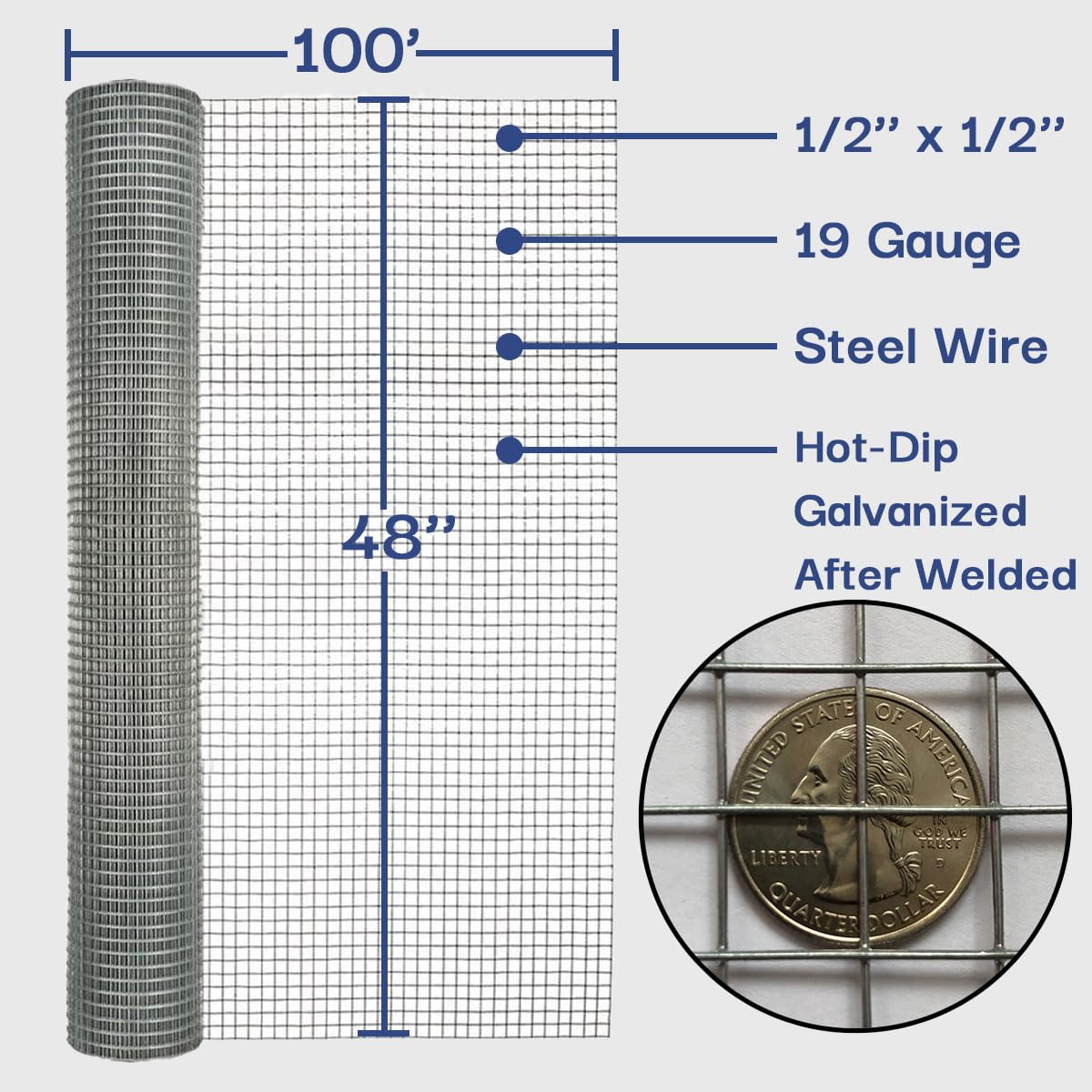 1/2 Inch x 4 ft x 100 ft 19-Gauge Galvanized Hardware Cloth Roll - Heavy Duty Welded Wire Mesh for Chicken Coop Fencing, Garden Protection, Gopher Control, Tree Guards, and DIY Critter Barriers | Ideal for Poultry Runs, Raised Beds & Pest Prevention