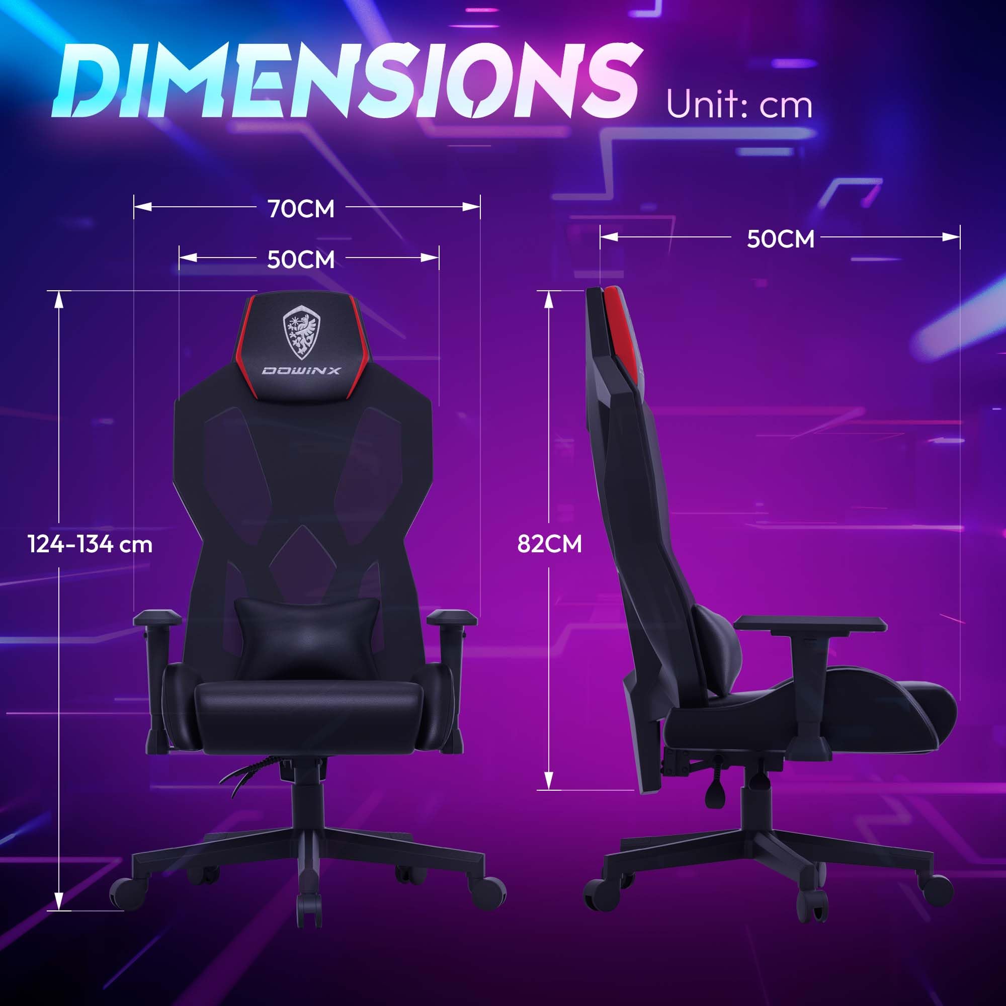 Dowinx RGB Gaming Chair with LED Lights - Ergonomic Computer Chair for Adults, Reclining Video Game Chair with Adjustable Lumbar Support & Headrest - Perfect for Gaming Setup, Office Work & Streaming (Black Red)