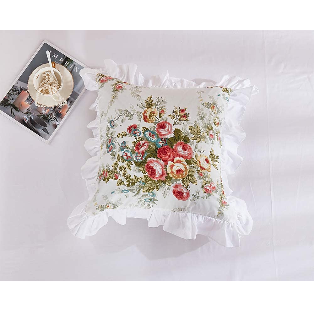 FADFAY Rose Floral Throw Pillow Covers 18x18 Inch Set of 2 - Cotton Decorative Square Cushion Cases with White Ruffle Trim for Sofa, Couch, Bedroom & Living Room - Perfect for Home Decor, Wedding Gifts and Cozy Interior Styling
