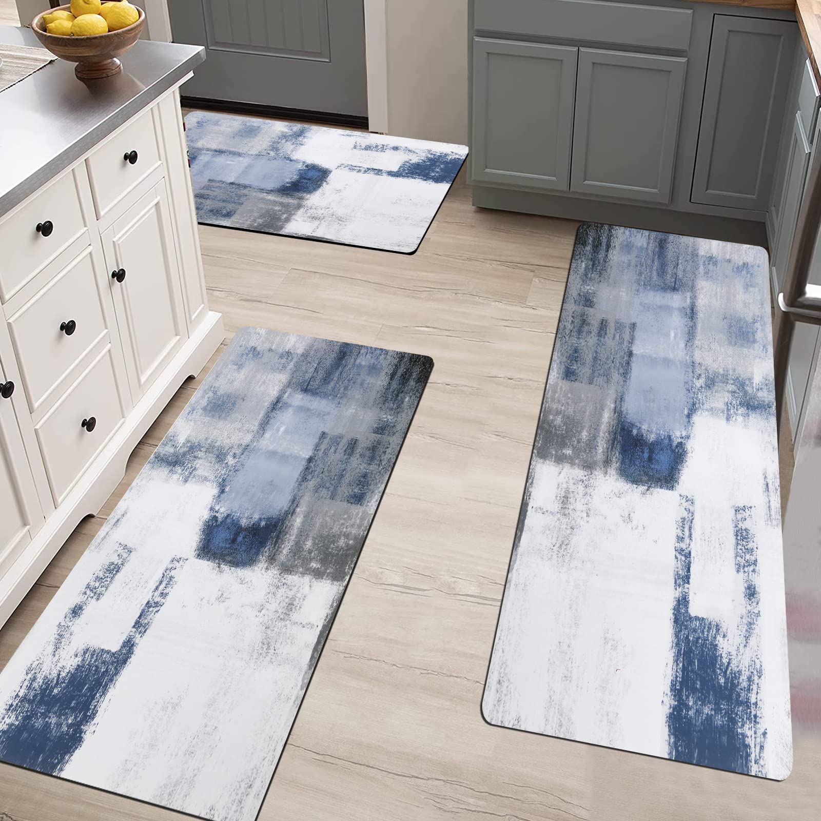 Premium 3-Piece Non-Slip Farmhouse Kitchen Rug Set - Washable, Cushioned & Waterproof Floor Mats with Runner - Perfect for Hallway, Kitchen & Laundry Room - Blue Home Decor (Great for High-Traffic Areas & Spill Protection)