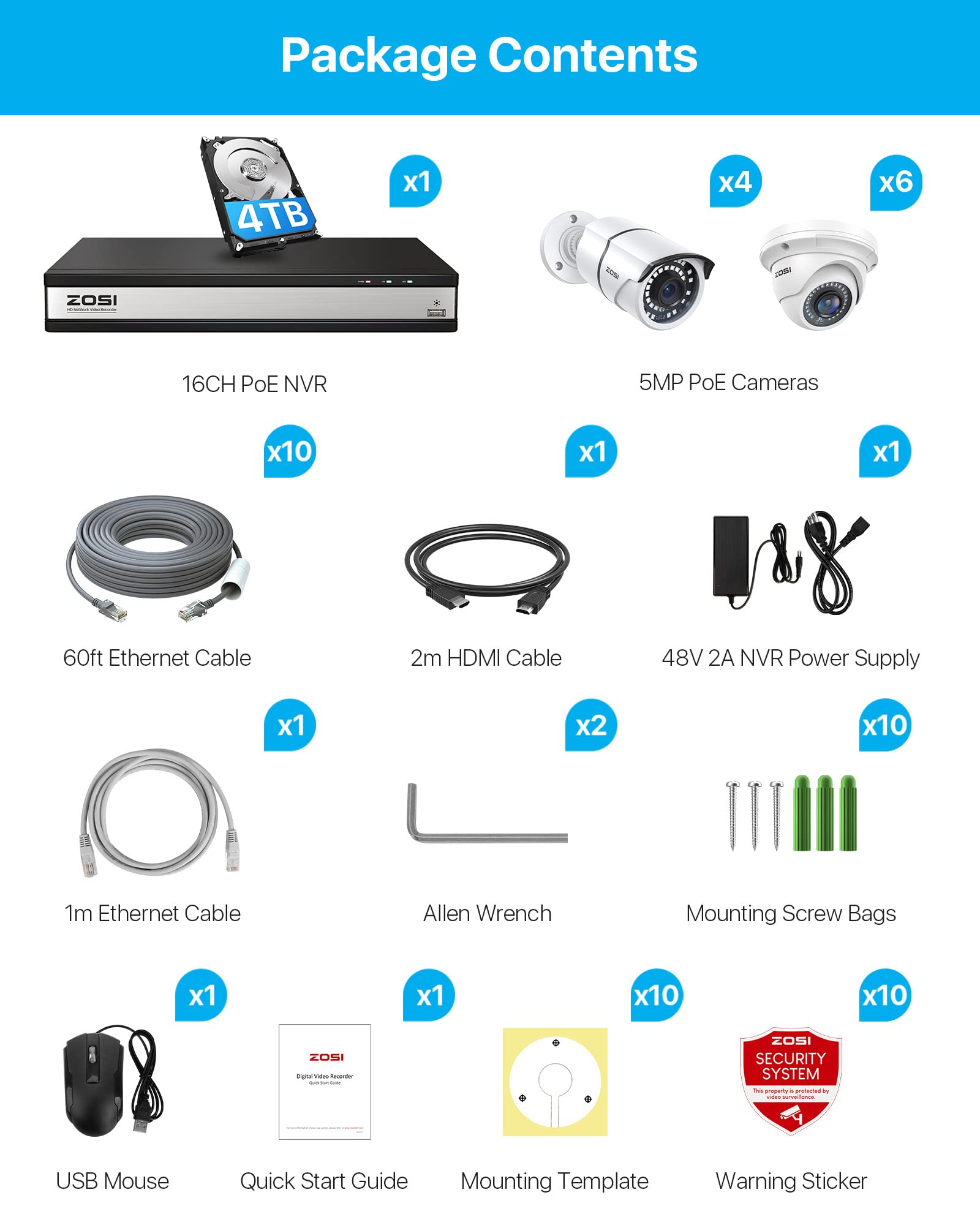 ZOSI 16CH 4K PoE Security Camera System with 4TB HDD - 10pcs 5MP Outdoor/Indoor IP Cameras, H.265+ 16CH 8MP NVR, 120ft Night Vision, Remote Access, 24/7 Recording - Ideal for Home Security, Business Surveillance & Property Monitoring