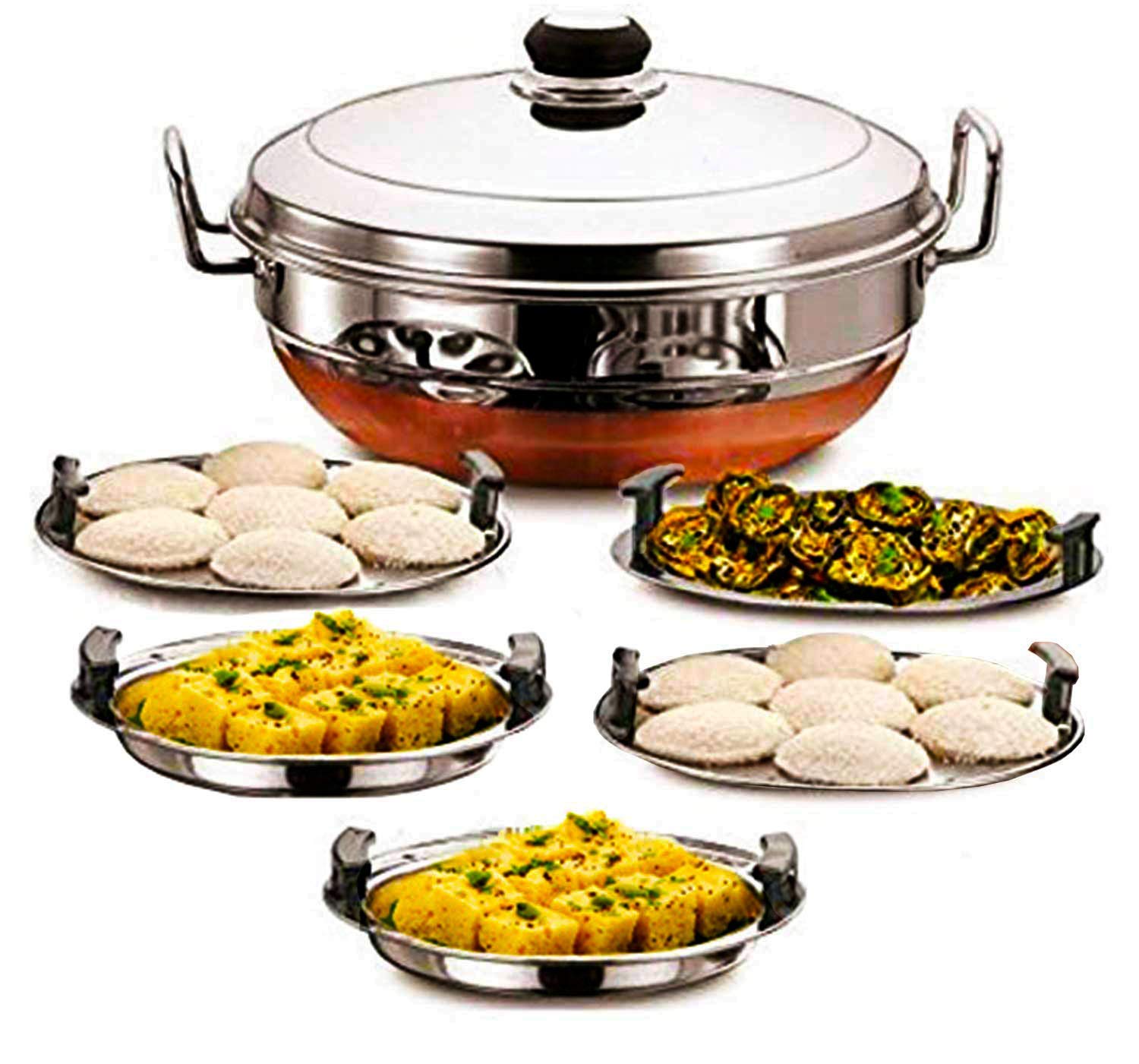 Premium Stainless Steel Multi-Purpose Steamer with Copper Bottom - 5-Piece Set (2 Idli Plates, 2 Dhokla Plates, 1 Patra Plate) - Silver | Indian Cooking Essential for Steaming Snacks, Dumplings & Healthy Meals | Perfect for Home Kitchens & Restaurants